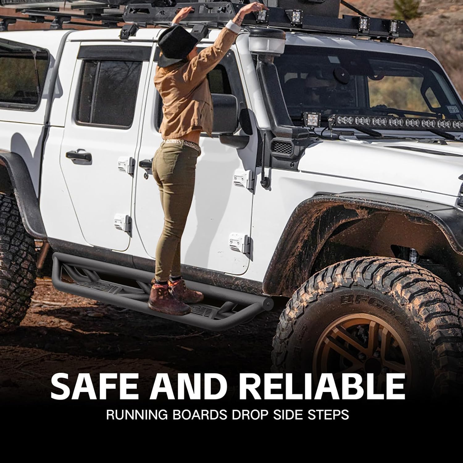 for Gladiator JT Running Boards Drop Side Steps Compatible with 2020 2021 2022 2023 2024 2025 2026 Jeep Gladiator JT 4 Doors, Heavy-Duty Steel Nerf Bars Step Plate Rock Slider Rail