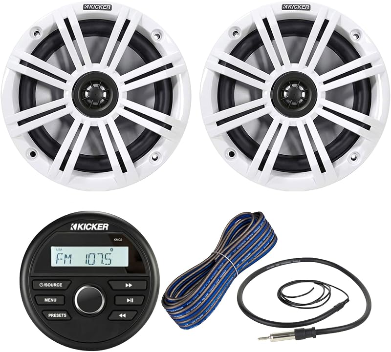 Kicker Weather-Resistant Marine Gauge Style Bluetooth USB Receiver Bundle Combo with 1 Pair (Qty 2) 6.5" 2-Way 195W Max Coaxial Boat Speakers with White Grilles, 50Ft 16-Gauge Wire, 22" Antenna
