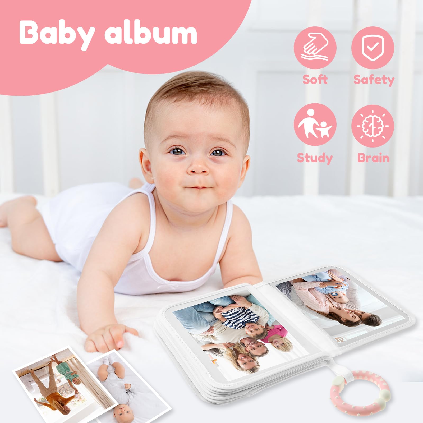 Baby Photo Album Soft Book with Hook Mirror, Babys First Photo Album Hold 17 6x4 Photos Present - Image 2