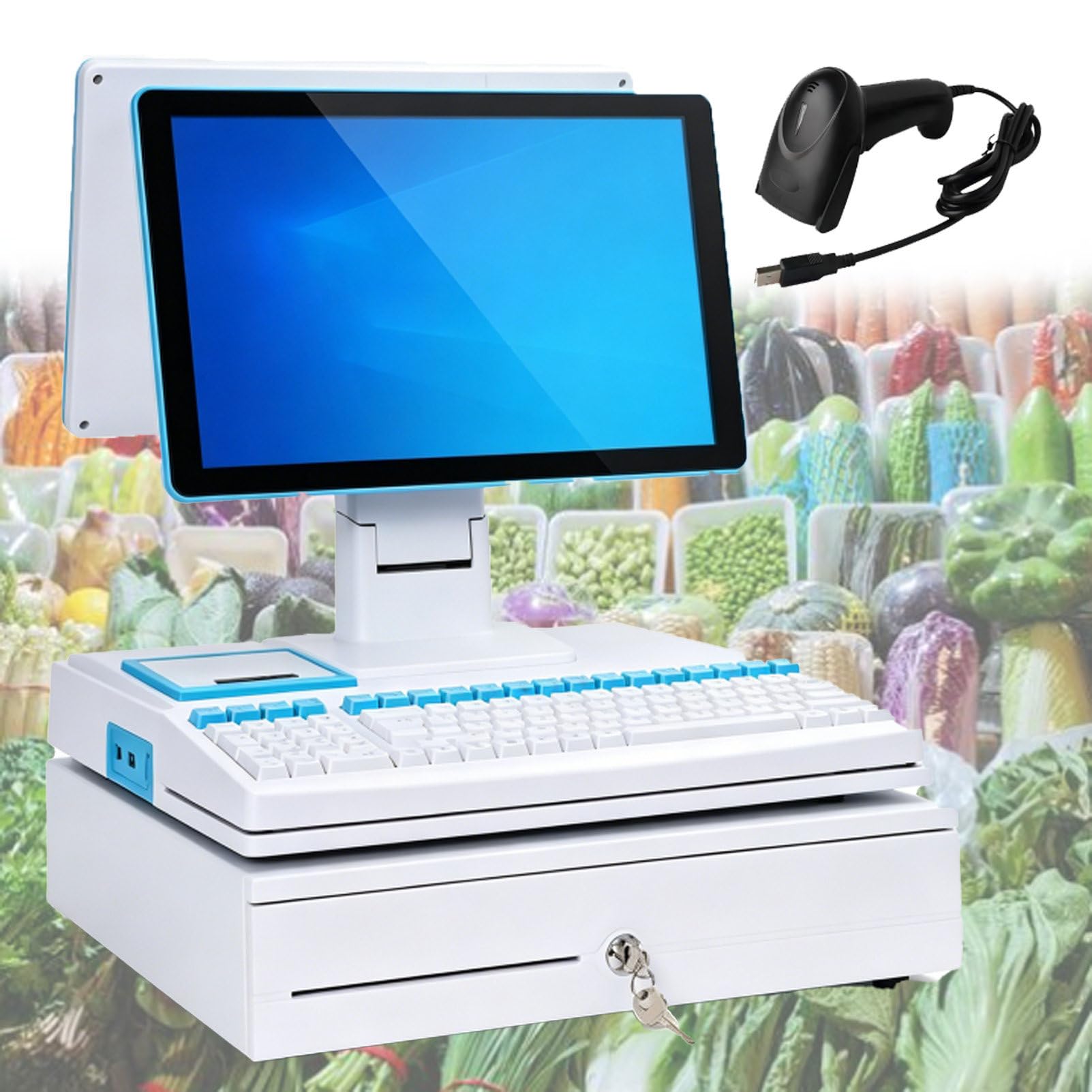 Kompleksowy System Kasowy Pos, Kompleksowa Kasa Z Ekranem Dotykowym O PrzekąTnej 15,6 Cala, Ekran Dotykowy Led, Klawiatura Ze 101 Klawiszami, Skaner RęCzny DualScreen-White