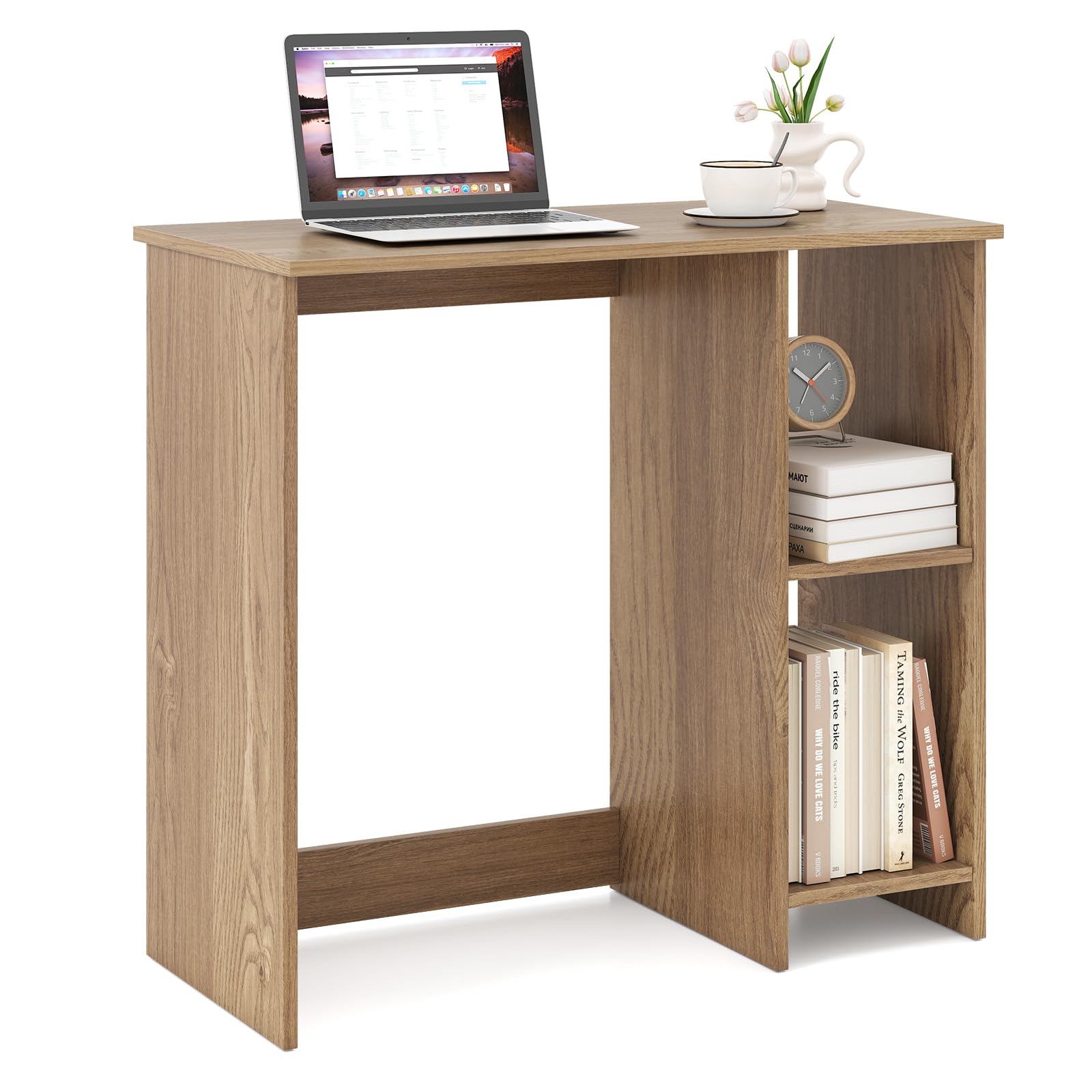 GIANTEX Stół biurowy, biurko z 2 półkami, stolik pod komputer do biura, salonu, sypialni i gabinetu, 80 x 40 x 74 cm (naturalny)