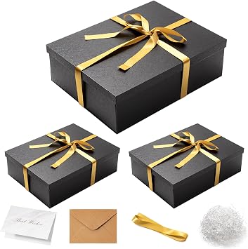 Mefleet 3 Pack Large Gift Box with Lid for Presents 17x13x5 Inches Big Deep Black Gift Boxes for Christmas, Birthday, Valentines Day,Mothers Day Presents - Contains Crinkle Paper,Ribbon and Card