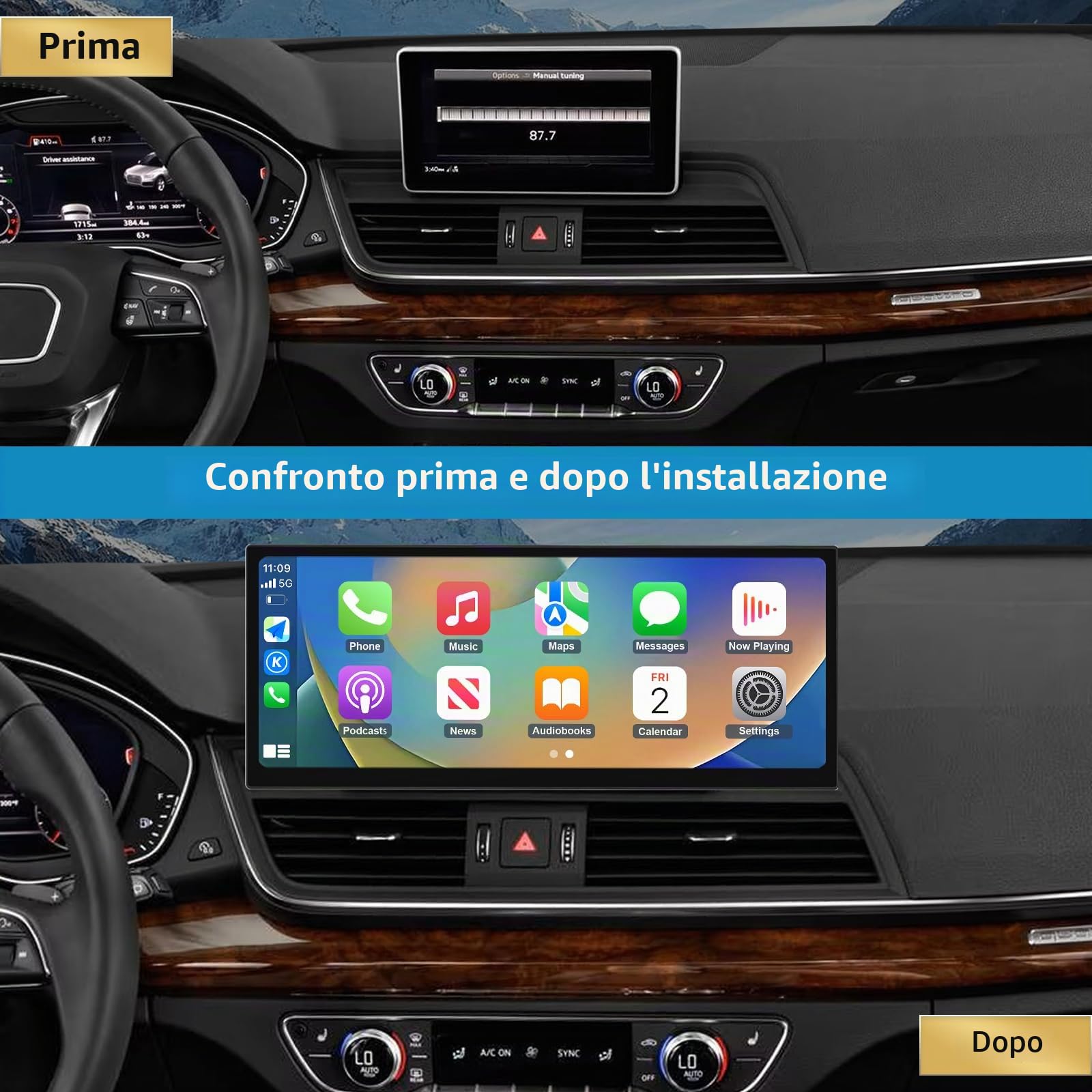 Autoradio da 12,3'', Apple CarPlay/Android Auto/Mirrorlink/GPS per Audi Q5 2018-2019 con sistema MIB, supporta Mirrorlink, telecamera, navigazione, Siri, musica