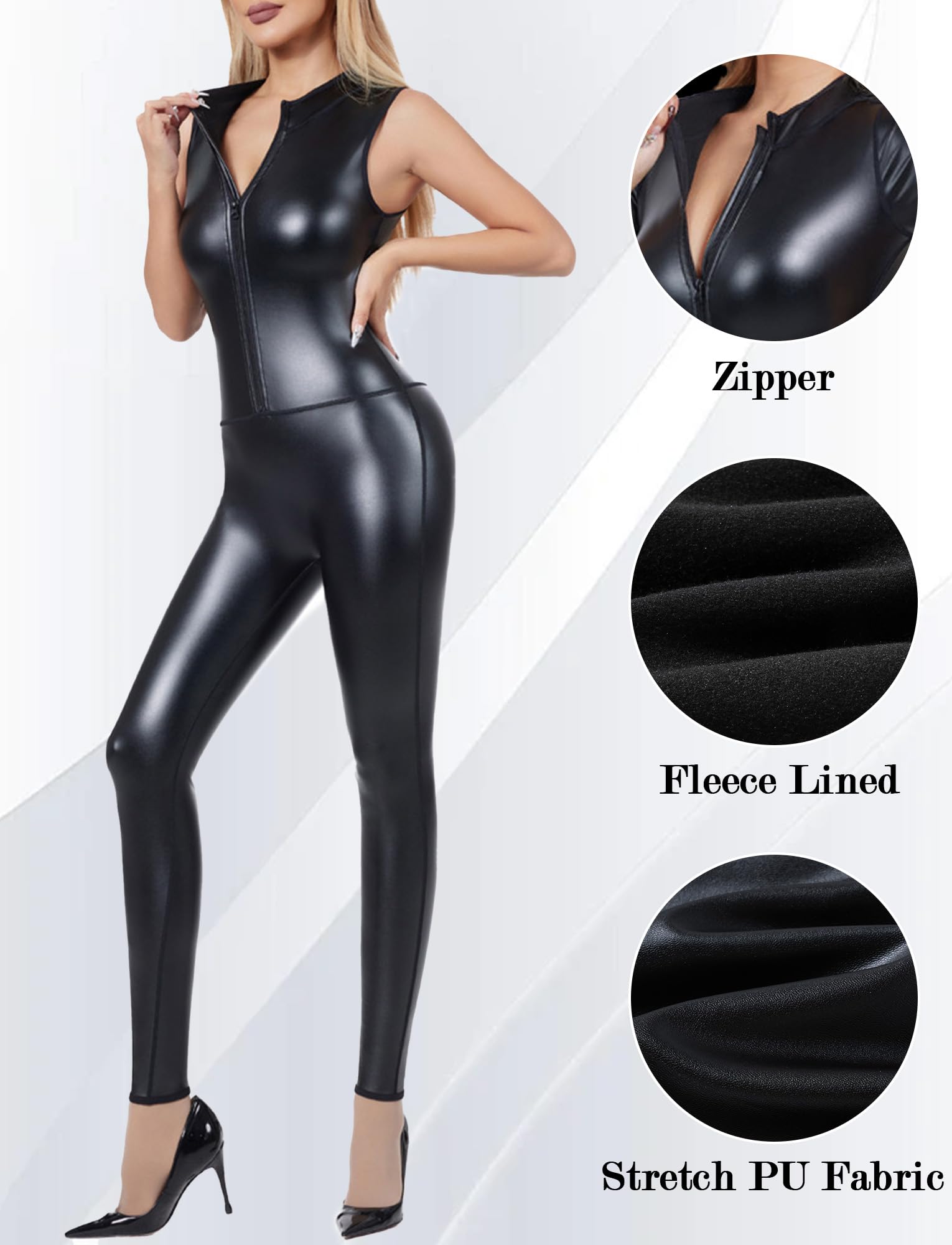 Damen Jumpsuit Sexy Leder Bodysuit Reißverschluss Vorne Playsuit Festival Outfit Body Bauchweg Kostüm Rave Party S-2XL