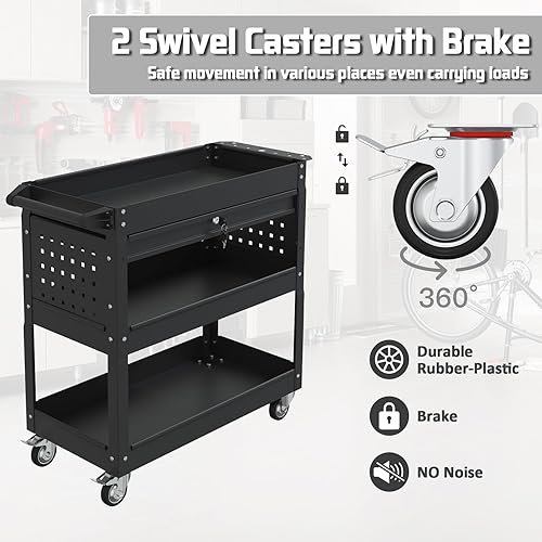 Miniatura 6 de Carrito de herramientas rodante de 3 niveles con cajones, carrito de herramientas mecánicas de capacidad de 400 libras con ruedas, carrito de