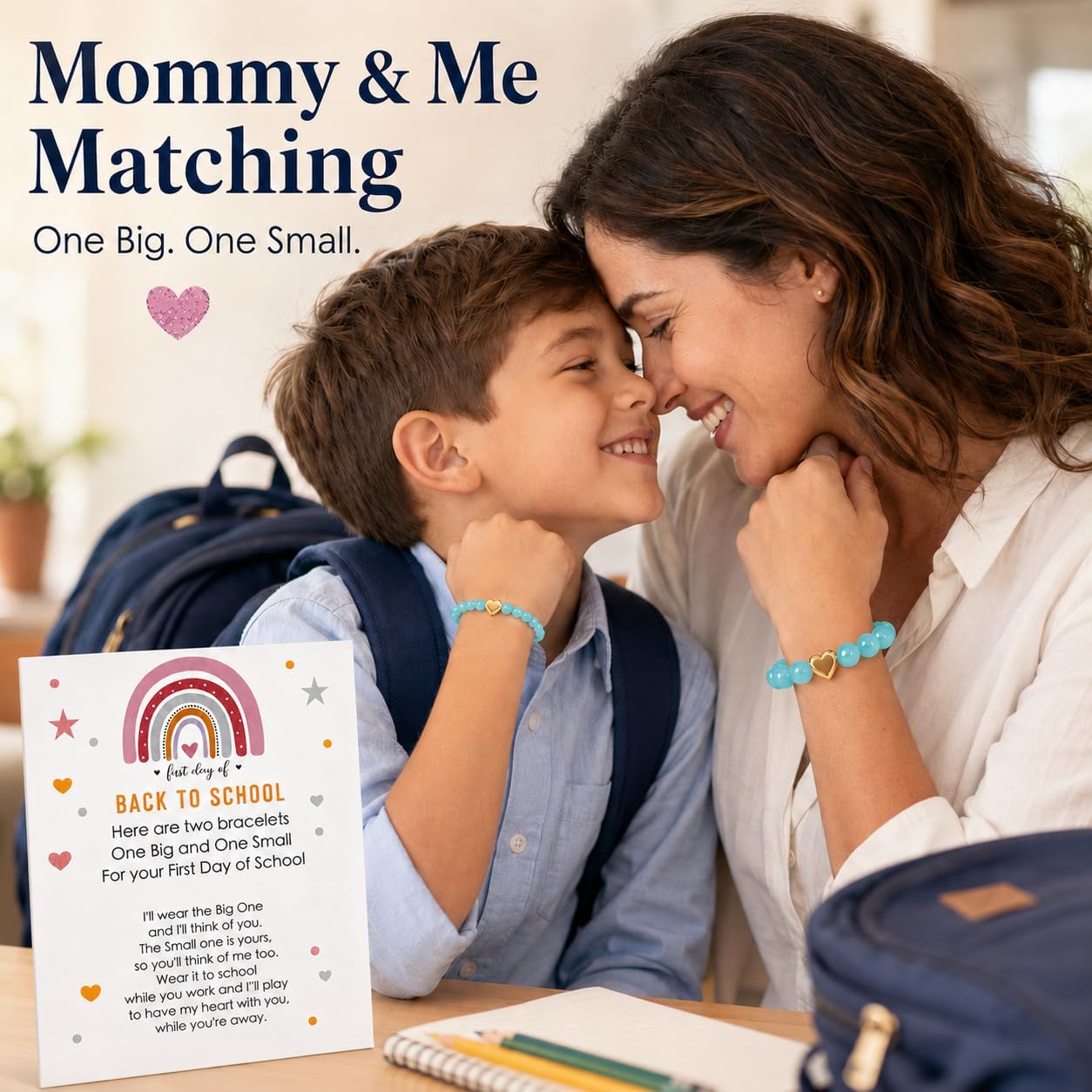 Back to School Bracelets Heart Matching Mommy and Me Elastic Wish Strings Bead Bracelets First Day of School Supplies Gifts