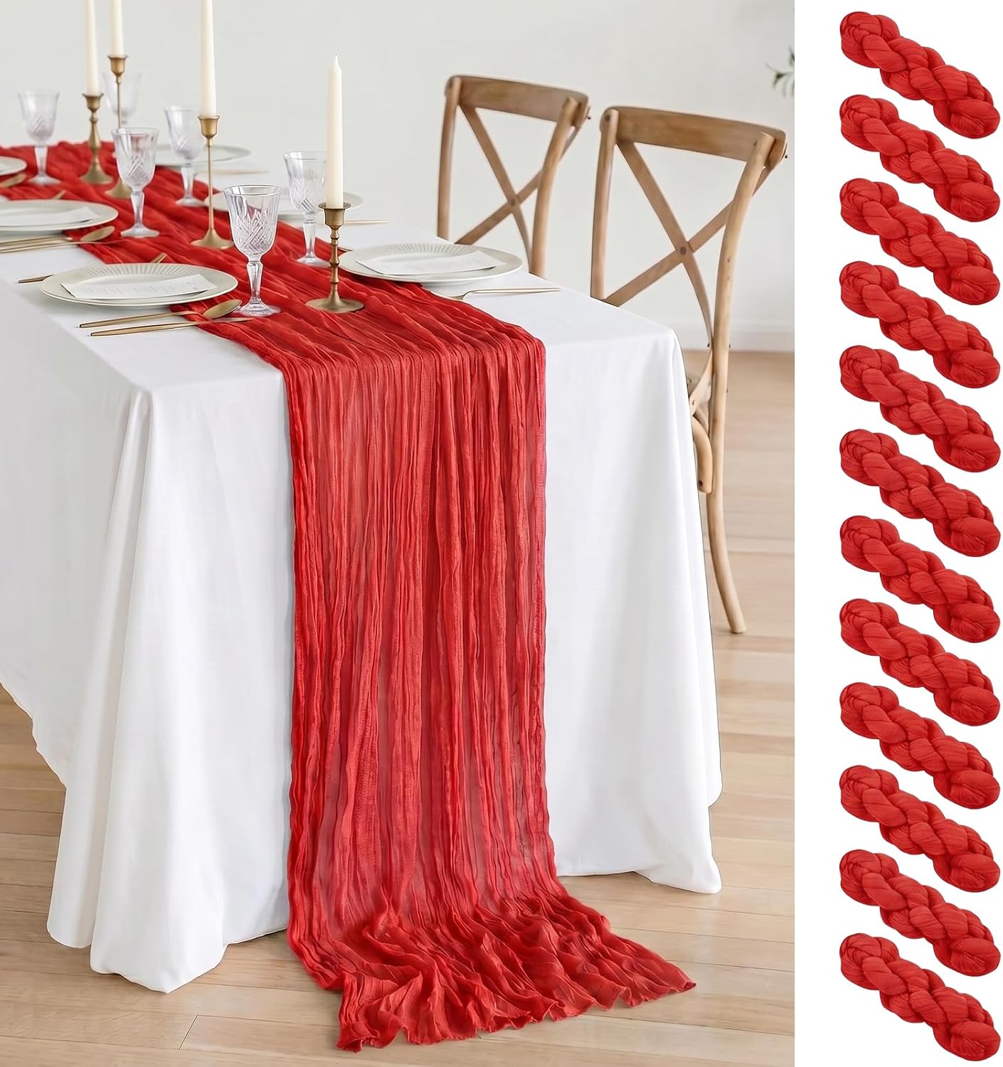4 Pack Red Cheesecloth Table Runner 17x108 Inch Boho Wrinkled Sheer Romantic Gauze Decor for Wedding, Bridal Shower, Birthday Party