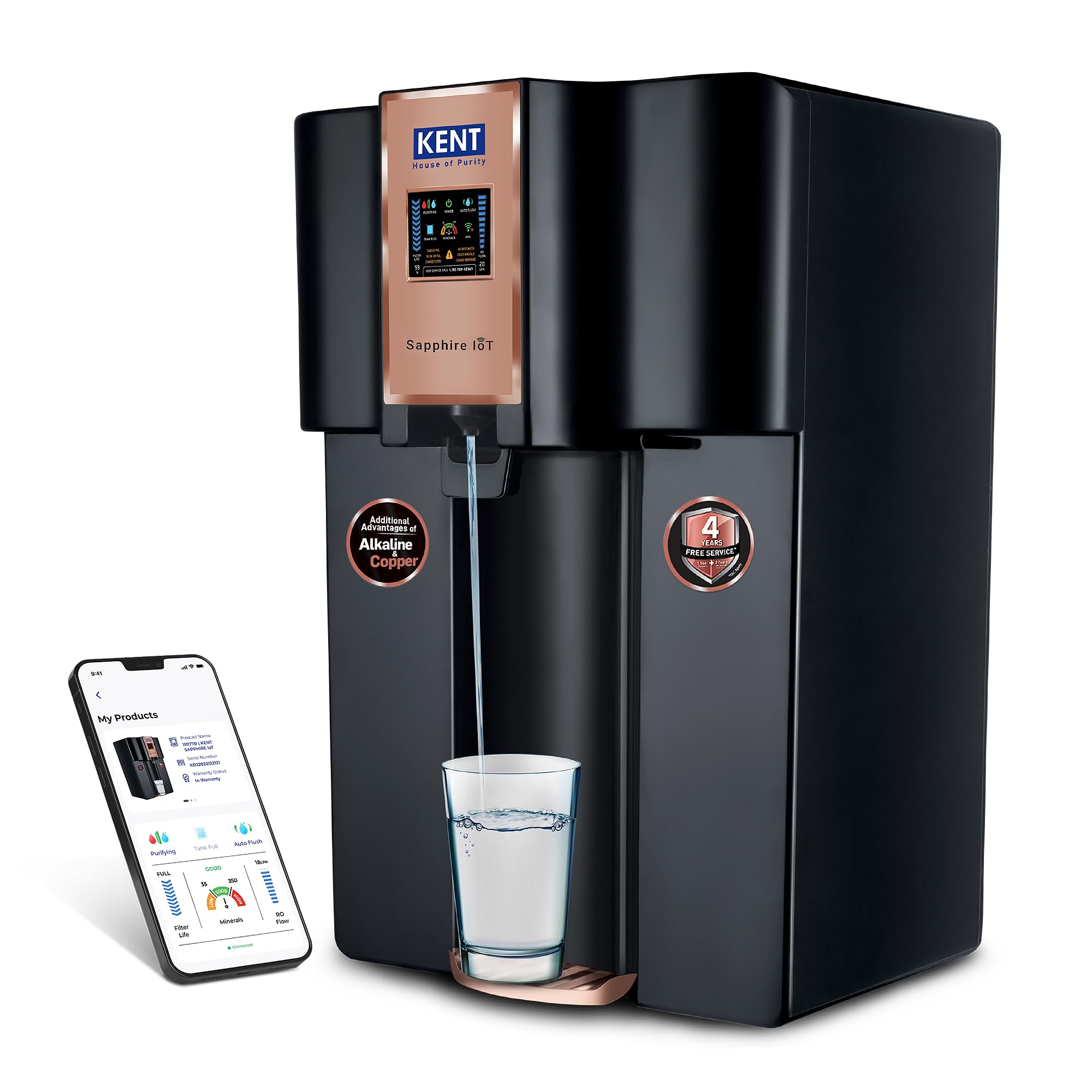 KENT Sapphire IoT RO Water Purifier| RO+UV+UF+Alkaline+Copper+TDS Control+UV in Tank | IoT Enabled | Fully Automatic On&OFF Operation |Auto Flush|8L|20 LP/Hr|Ideal For Borewell/Tanker/Municipal Water-image-48