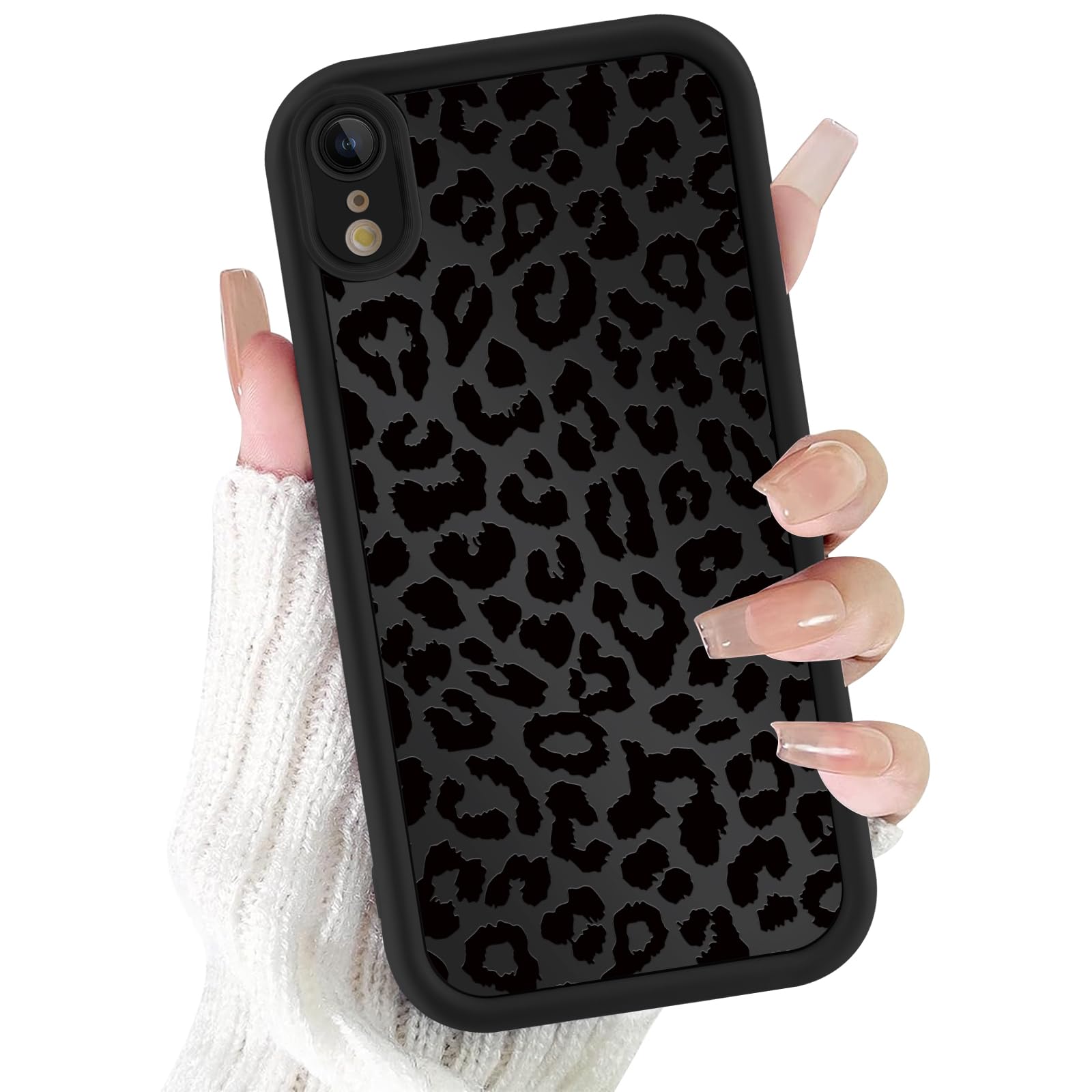 Custodia per telefono con stampa di ghepardo per iPhone XR da 6,1 pollici, estetica di lusso nero leopardato design cover antiurto morbido sottile TPU completo obiettivo protettivo per donne