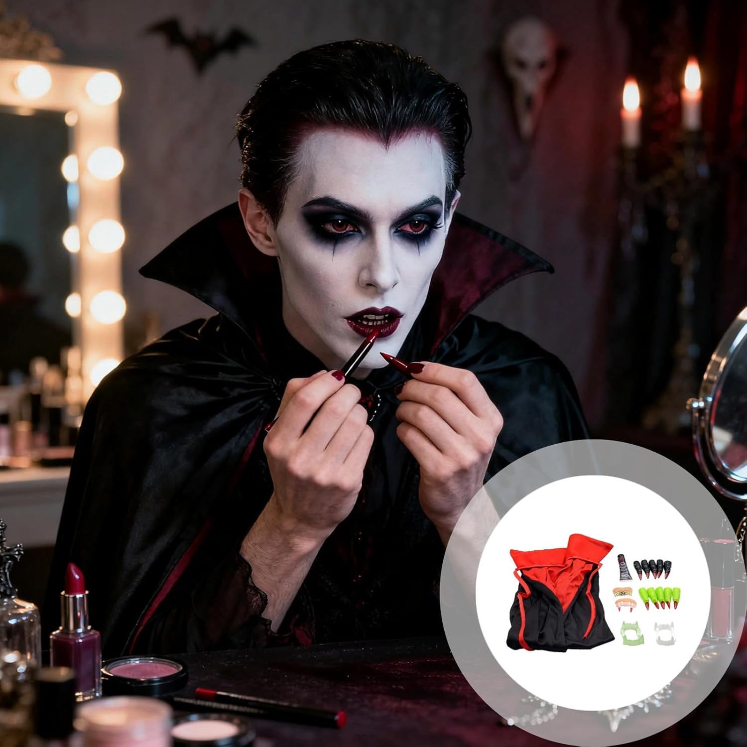Halloween Vampire SFX Makeup Kit with Fake Blood, Cape, 4 Pcs Fake Teeth and 10 Pcs Fake Fingers, Ideal for Parties