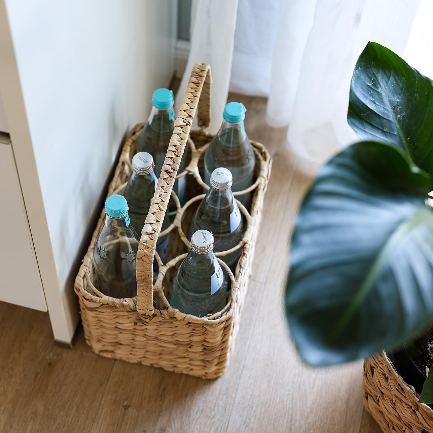HMF Porte-bouteilles pour 6 bouteilles, panier à bouteilles tressé en jacinthe d'eau durable, 32 x 22 x 18 cm