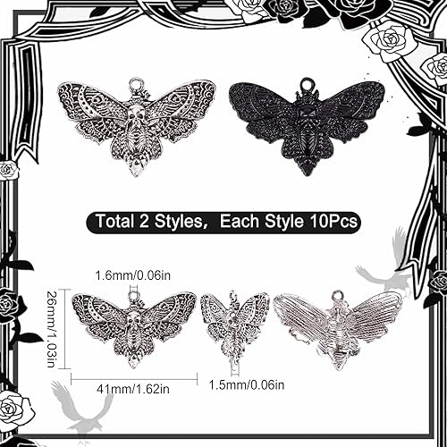 Miniatura 2 de SUNNYCLUE 1 caja de 20 dijes góticos de polilla de 1.614 x 1.024 in para Halloween, calavera y esqueleto para Halloween, diseño de animal volador,