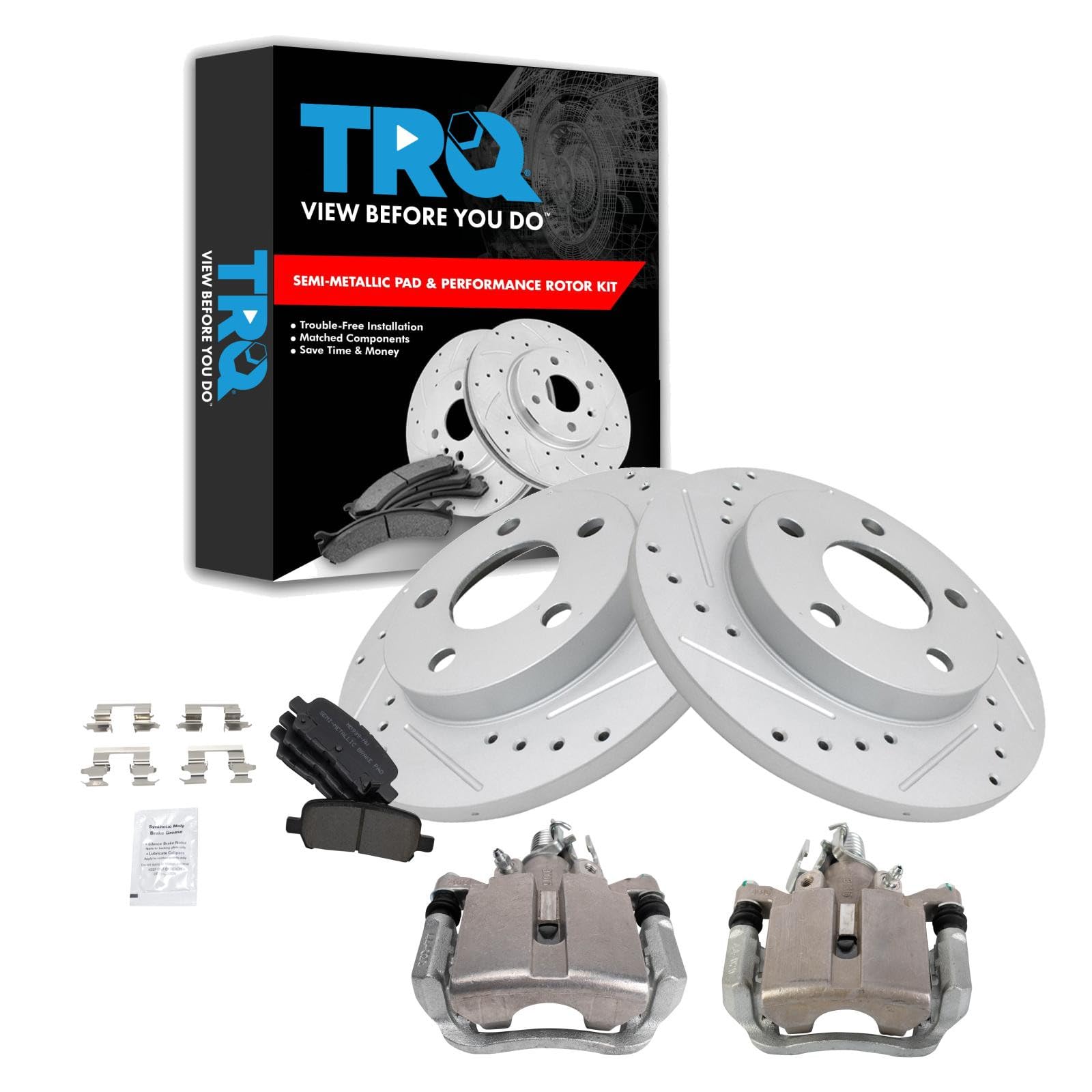 TRQ Performance Rear Brake Pad and Rotor Set Semi Metallic Solid G Coated Rotors Calipers Compatible with 2004 Pontiac Grand Prix