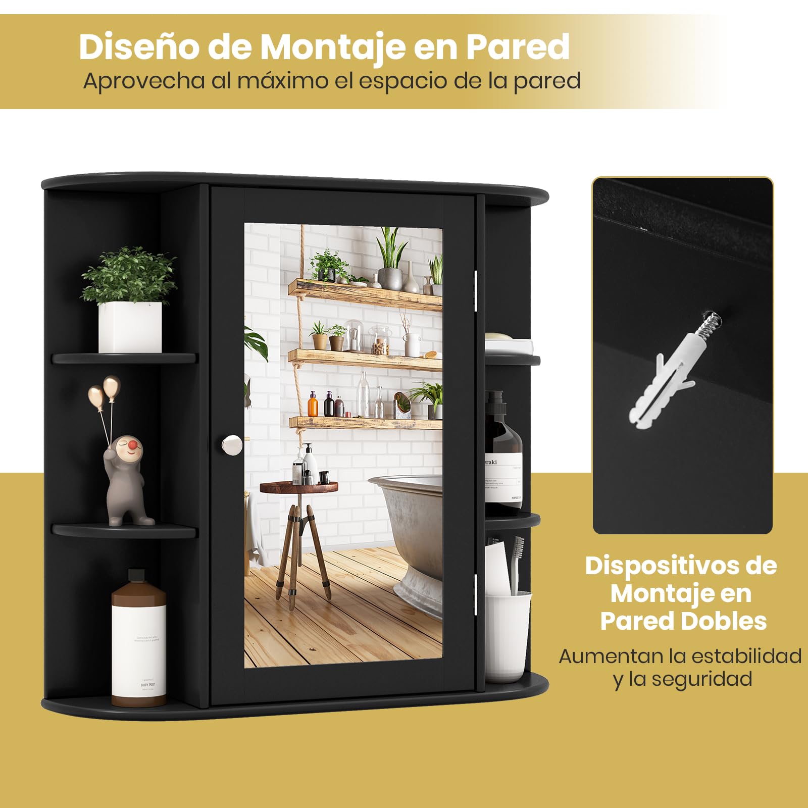 GIANTEX Armario de Baño de Pared, Armario Colgante de Madera con Puertas de Espejo, 6 Compartimentos Laterales y 4 Estantes de Almacenamiento, 65 x 17 x 63 cm (Negro)