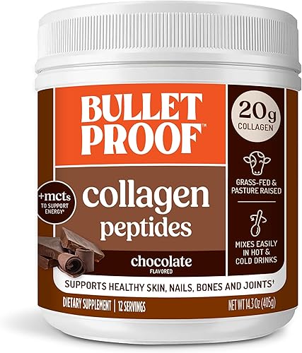 Bulletproof Polvo de Péptidos de Colágeno Chocolate con Aceite MCT, 14.3 Onzas, Proteína de Colágeno Alimentado con Pasto para la Piel, Soporte de