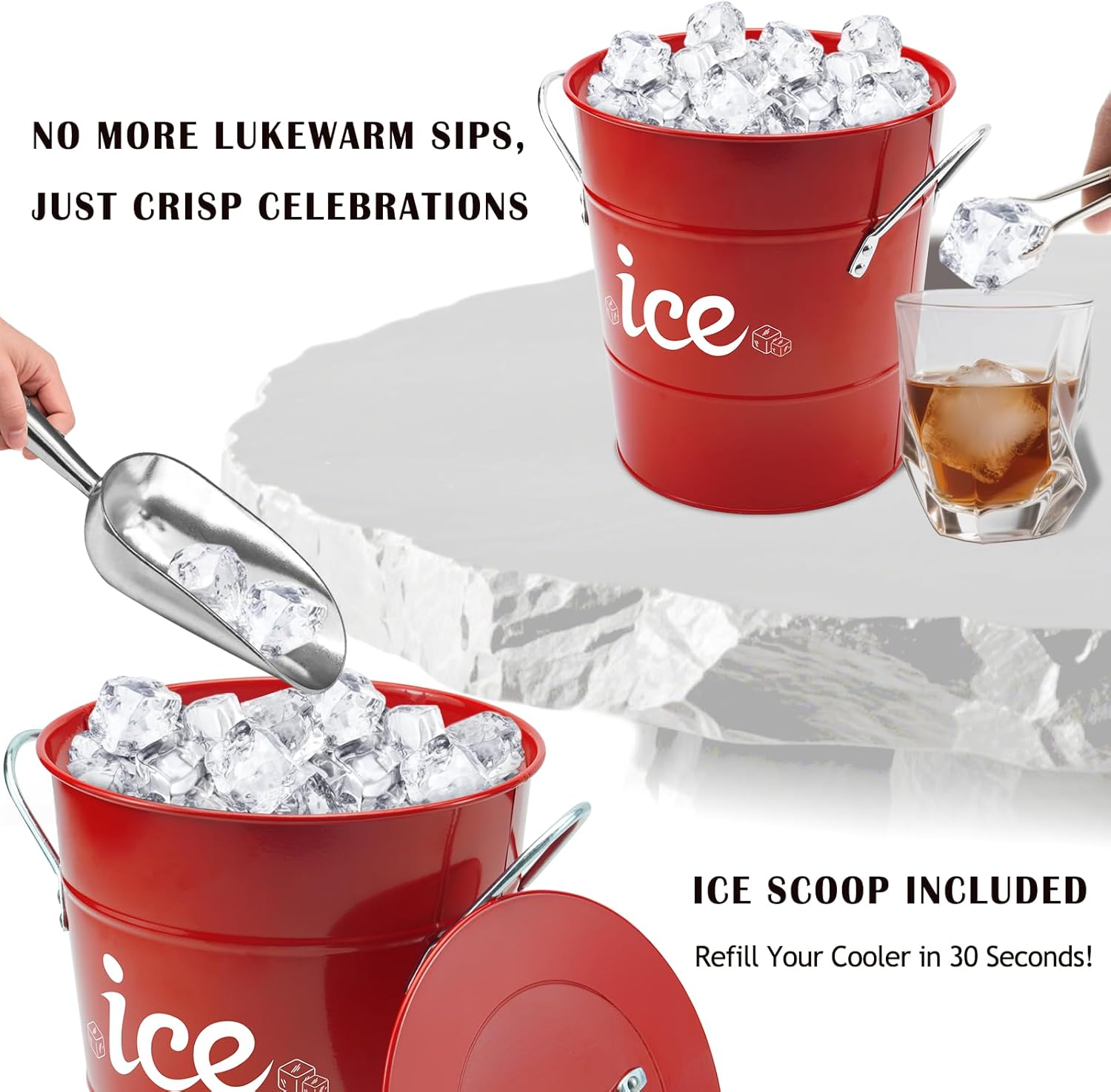 Double Wall Ice Bucket with Thermometer, Metal Wine Chiller Bucket with Lid & Scoop - for Champagne, Wine, Cocktails and Parties, Large Insulated Ice Holder - Perfect for Home & Outdoor Use,Red - Image 4