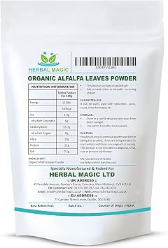 Herbal Magic's Organic Alfalfa Leaf Powder - Green Superfood for Smoothies, Soups, Baking - Free from Fillers & preservatives - 100g - of&G UK Organic Certified