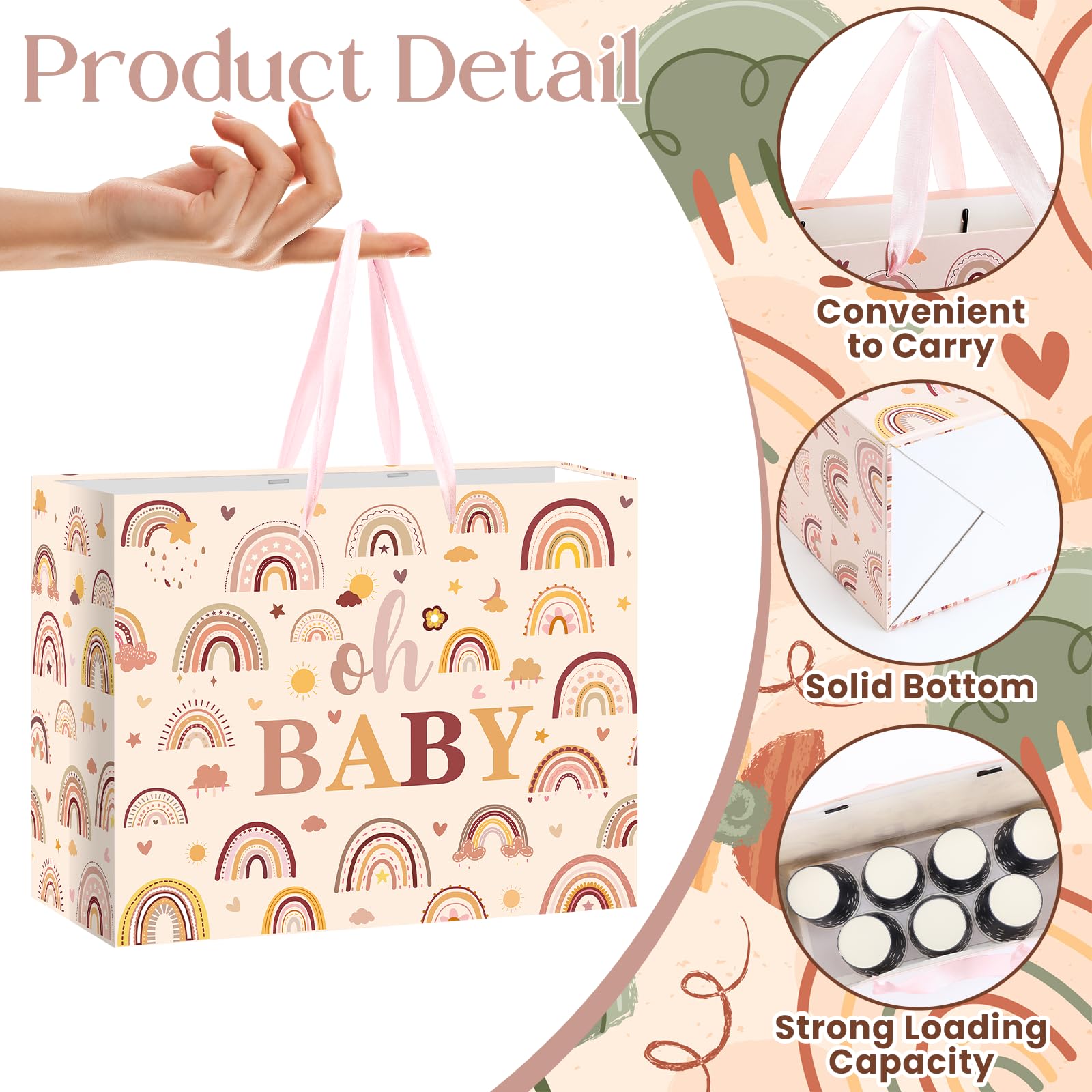 Woosytoo Boho Rainbow Baby Gift Bag for Girls, Hippie Boho Baby Shower Wrapping Paper Bag with Tissue Paper and Card for Little One Congratulations Gifts Gender Reveal Newborn Party Favors