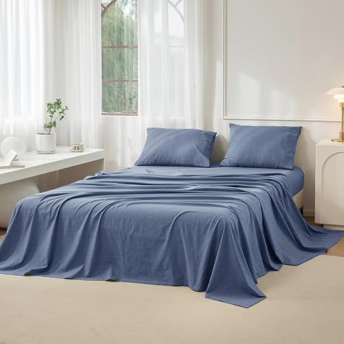 Miniatura 19 de JIYUAN Juego de sábanas de 100% algodón lavado, 4 piezas, 1 sábana bajera, 1 sábana encimera y 2 fundas de almohada, cómodo y transpirable, similar