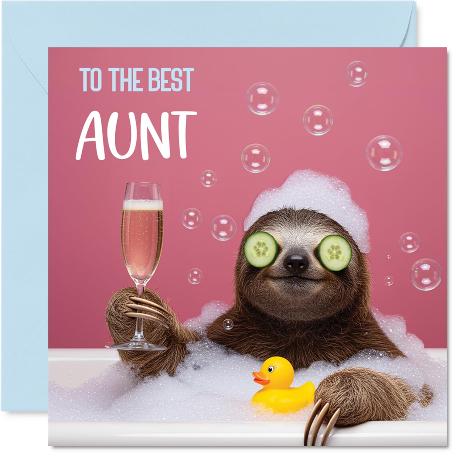 Playful Birthday Card for Aunt - Pamper Queen Vibes - Sloth in a Bubbly Bath with Champagne - Bright, Colourful and Full of Fun, Mother's Day - 145mm Square, Envelope Included