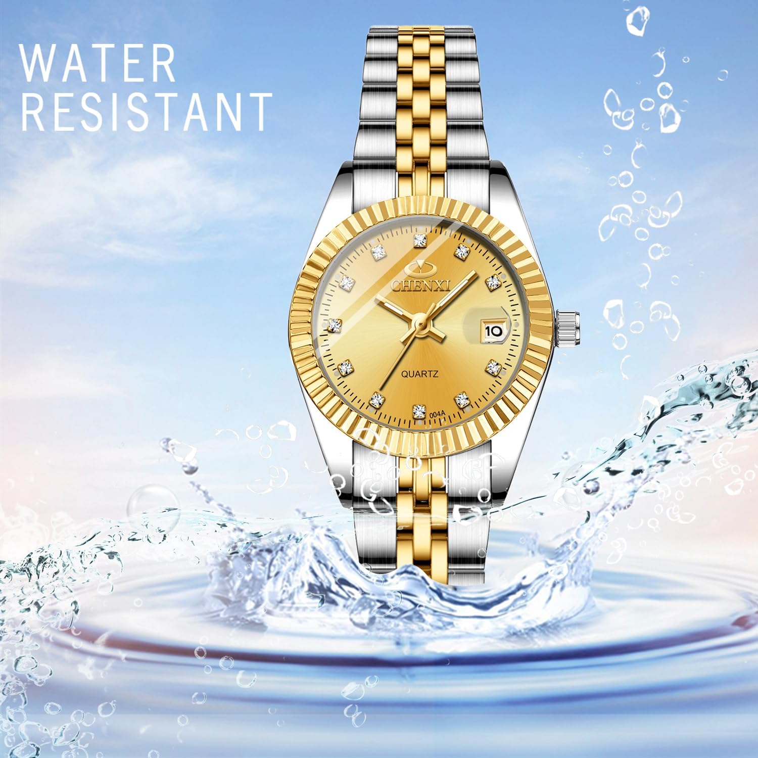OIDEA Stainless Steel Women's Wrist Watches: Waterproof Round Dial Luminous Mens Watches Gold Rhinestones Date Analog Quartz Wrist Watches for Women