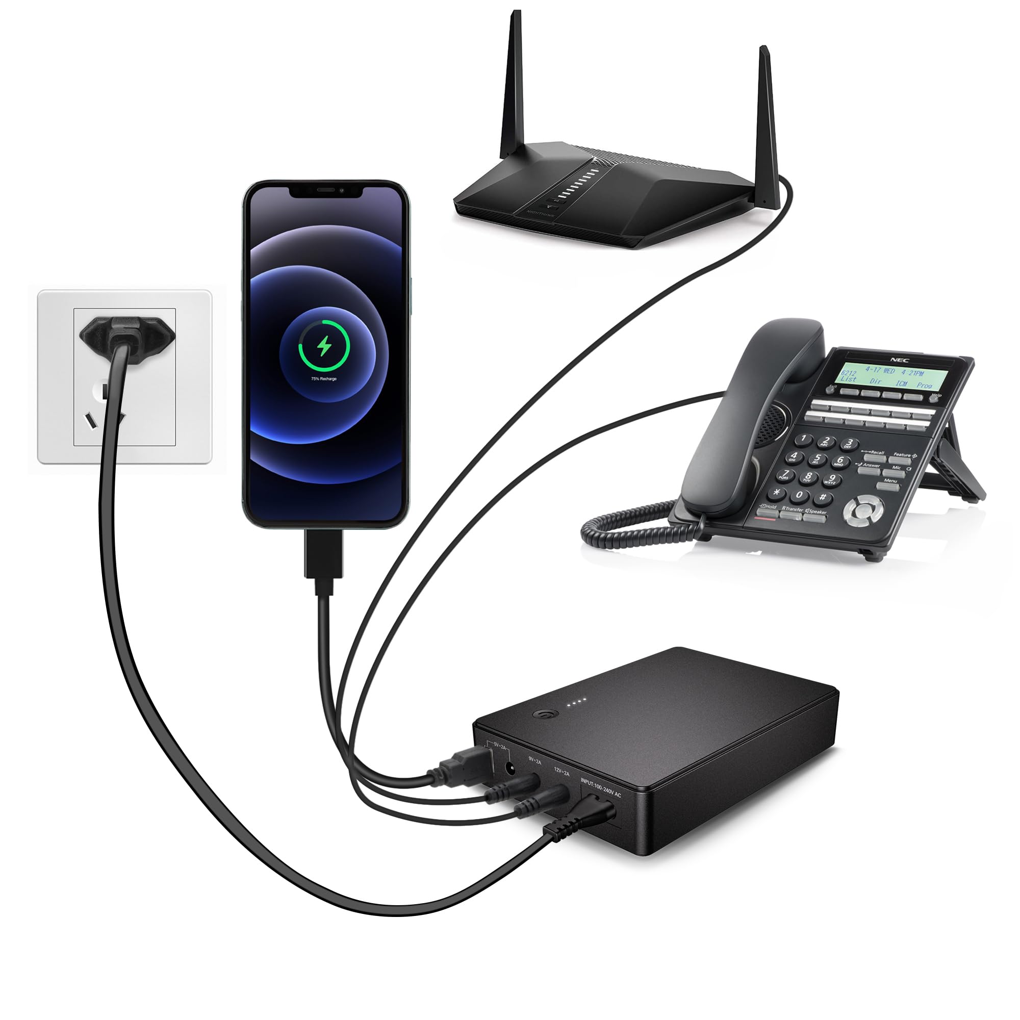 Mini UPS alimentazione senza interruzione per router, modem, fotocamera con ingresso uscita AC USB 5V DC 5V 9V 12V 2A (37Wh)