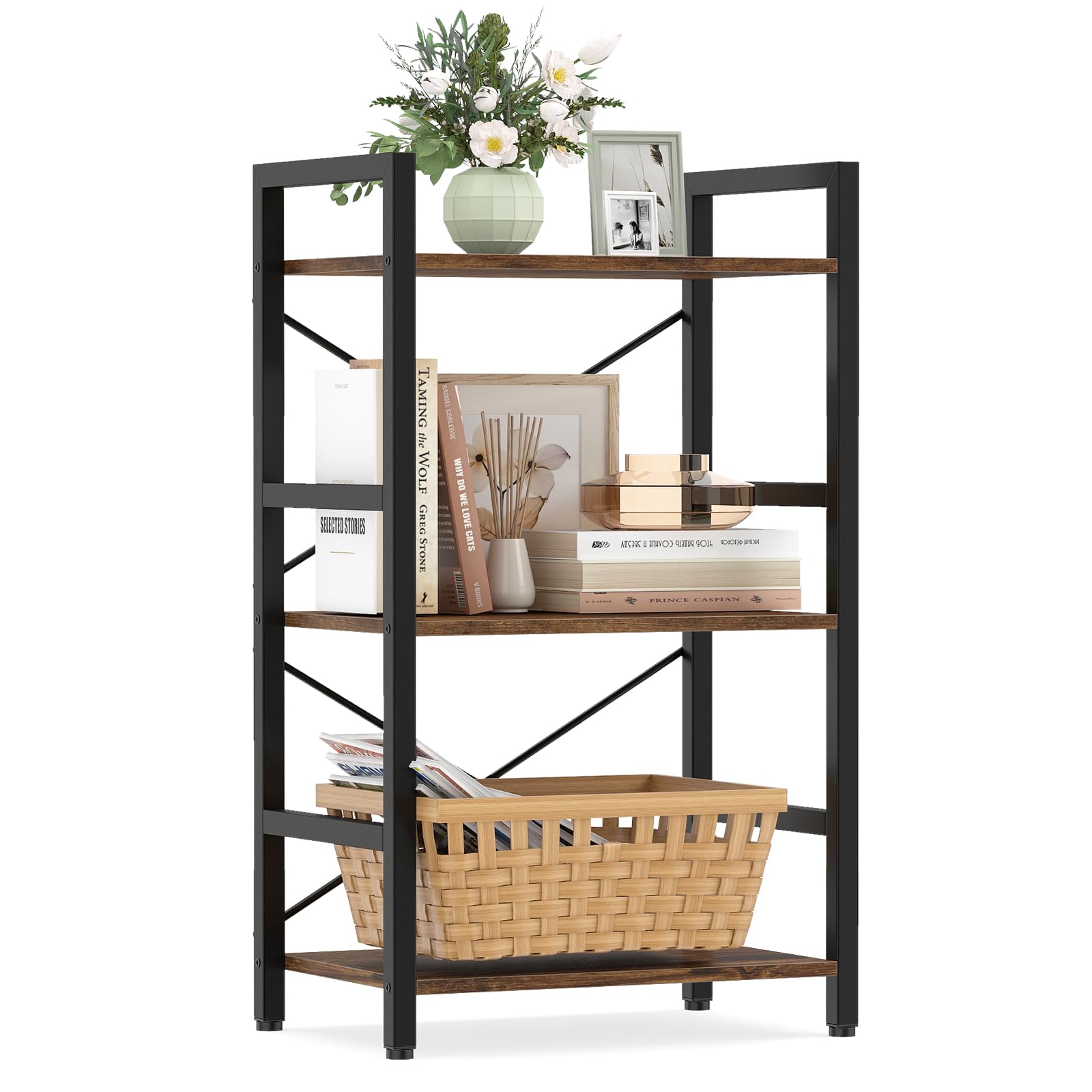 COSTWAY Scaffale a 3 Ripiani, Libreria Salvaspazio con Dispositivo Antiribaltamento, Struttura in Metallo, Mobile Espositivo in Legno per Soggiorno Camera e Ufficio, 42 x 28 x 70 cm (Marrone)