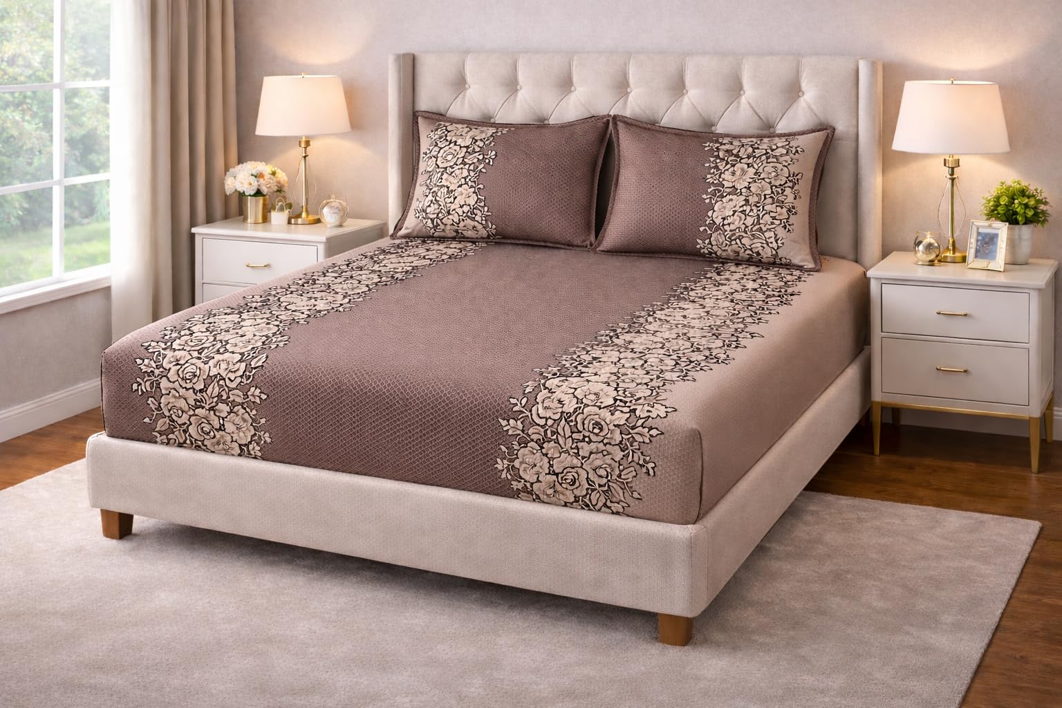 DD- DREAM N DECOR 240 TC Elastic Fitted Glace Cotton Premium Prints Queen Size Double Bed Bedsheet (Size - 90 x 100 CM) with 2 Large Pillow Covers- (Size - 39 x 67 CM) (Brown)-image-40