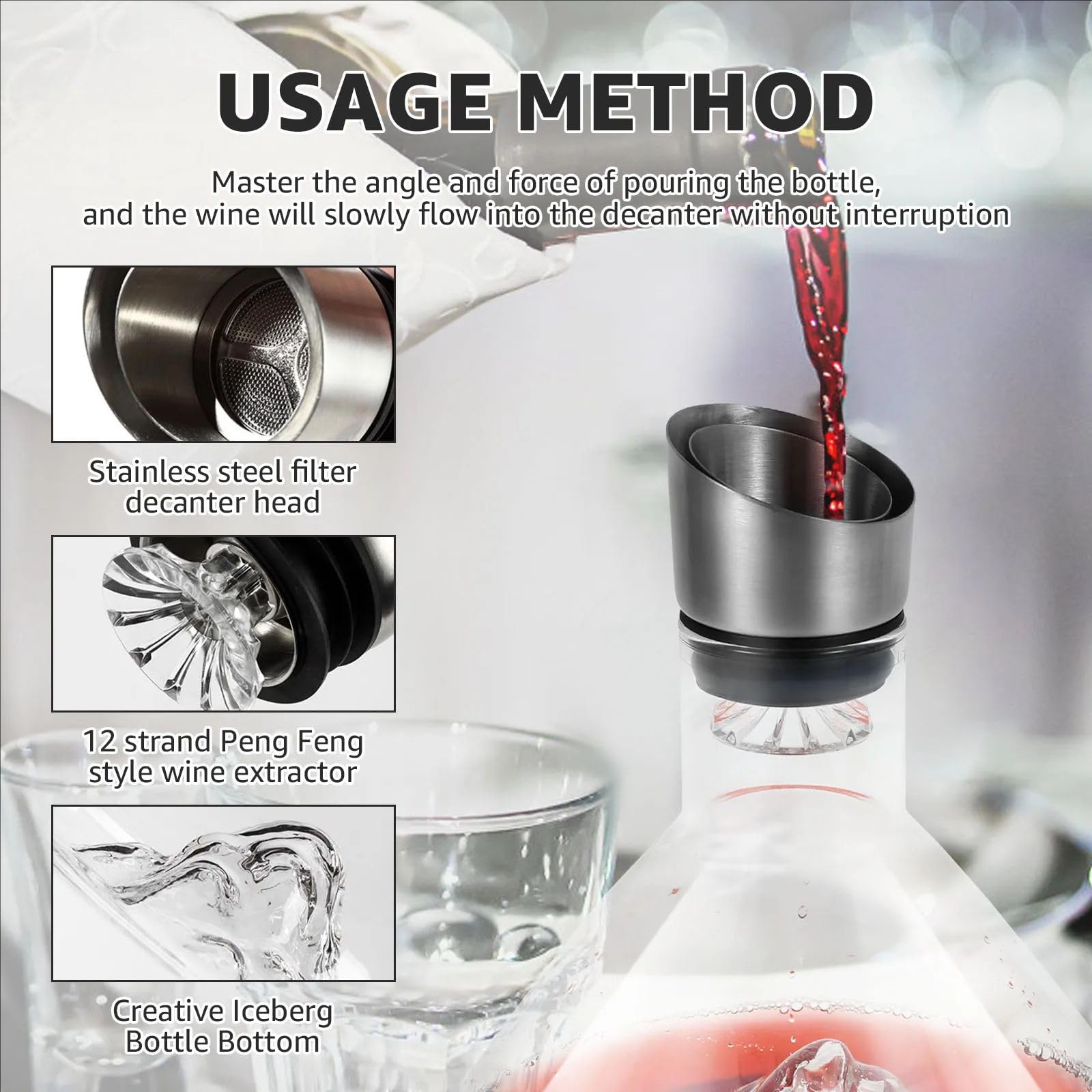 Carafe à Vin Rouge Waterfall en Cristal - Décanter 1.5L avec Aérateur et Filtre Intégrés - Idéal Comme Cadeau