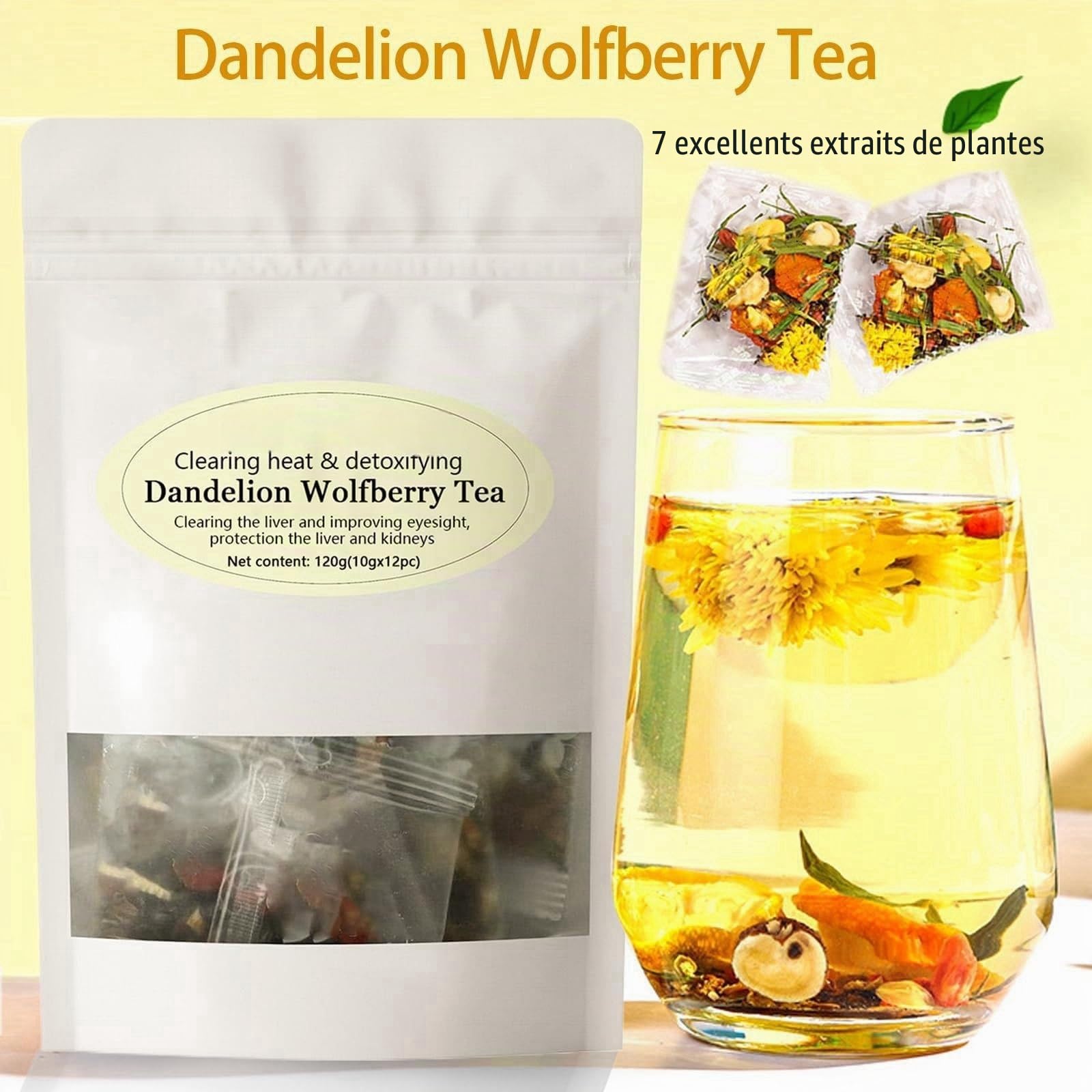 Tisane de Pissenlit et de Baies de Goji, Bio - Mélange Naturel de Sept Ingrédients À Base de Plantes, pour la Santé des Reins et du Foie, 120 g par Paquet