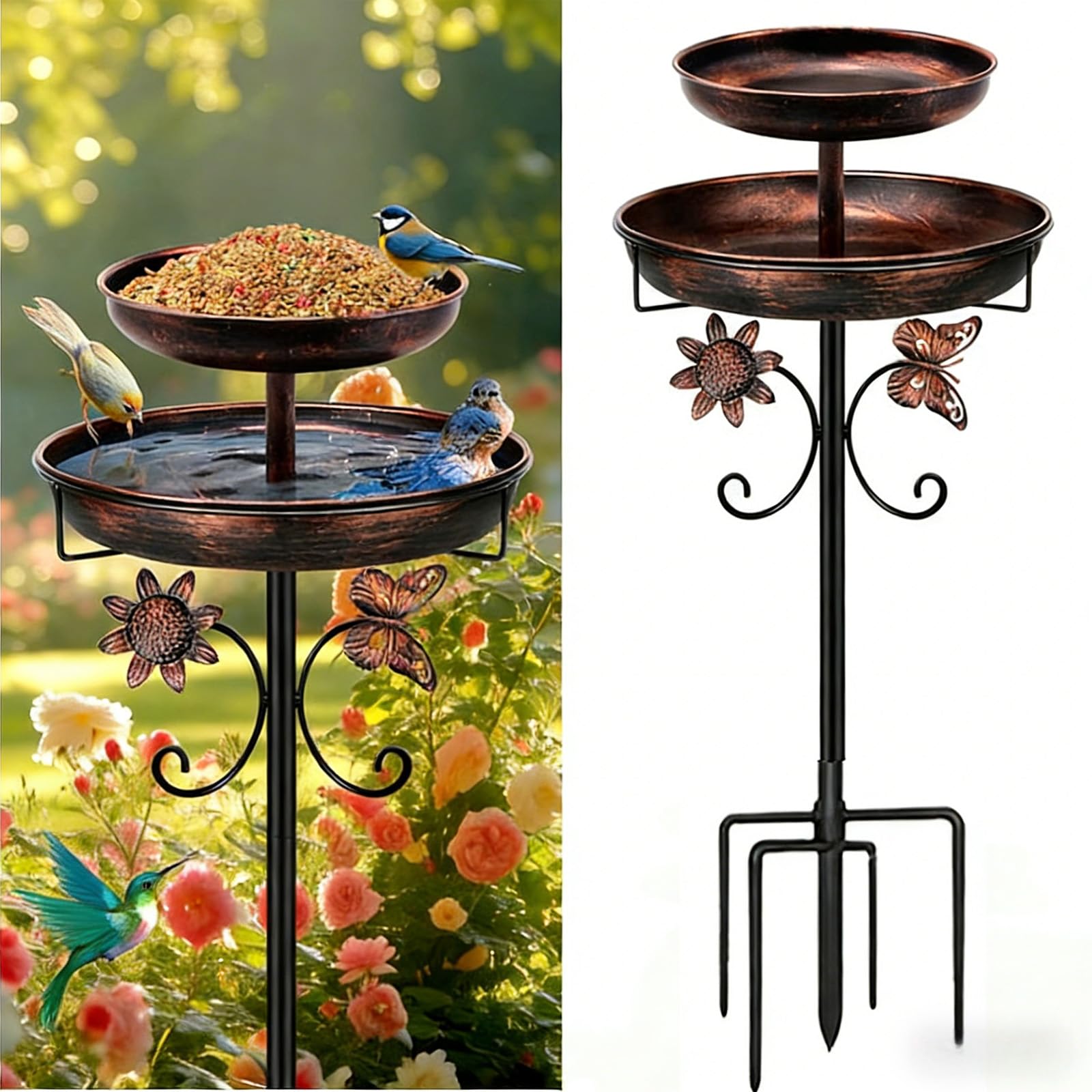 Comedero de baño para pájaros con doble cuenco, resistente, resistente a la intemperie, fácil de montar, para los amantes de las aves de pie