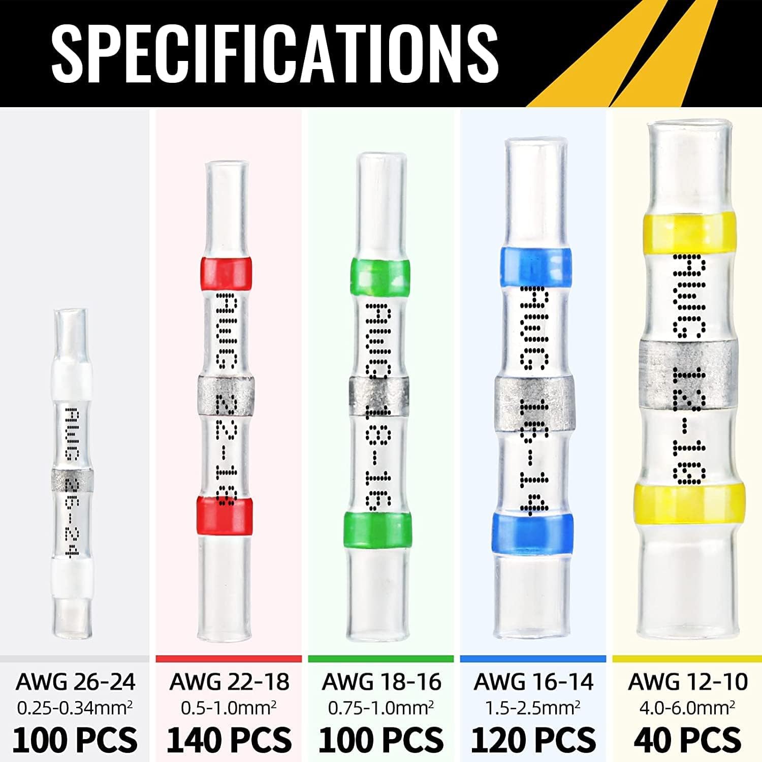 Sopoby 500PCS Solder Seal Wire Connectors, Self Soldering Heat Shrink Butt Connector Solder Sleeve Waterproof Insulated Electrical Butt Splice Wire Terminals for Marine Automotive Boat Truck