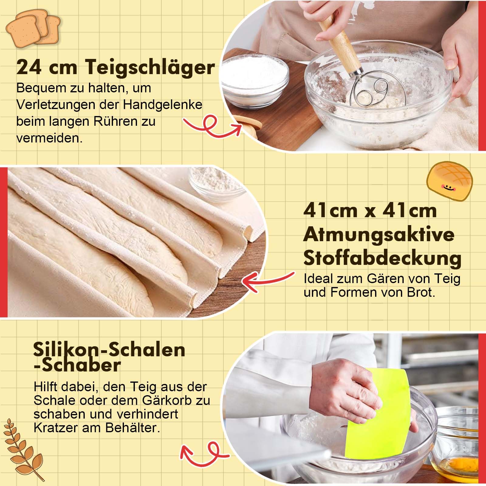 BakeEase Sauerteig-Set für Anfänger, 1200ml Sauerteigglas, 2 Gärkörbchen aus Silikon, Thermometer, Fütterungstracker, Sauerteigrezept, Dutch Oven Sling, Schaber, 18-teiliges Sauerteig-Starter-Set
