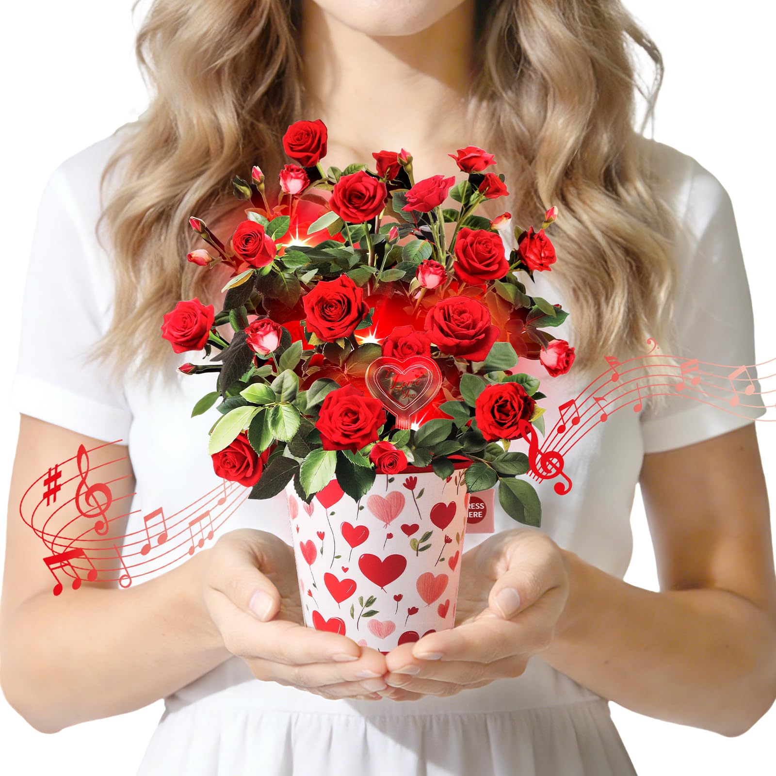 Musical Birthday Card, 3D Rose Flower Pop-up Birthday Cards with Music & Light for Girls, Her, Women, Wife - Rose Flower Bouquet, Also as Valentine's Day Card, Wedding Anniversary Card