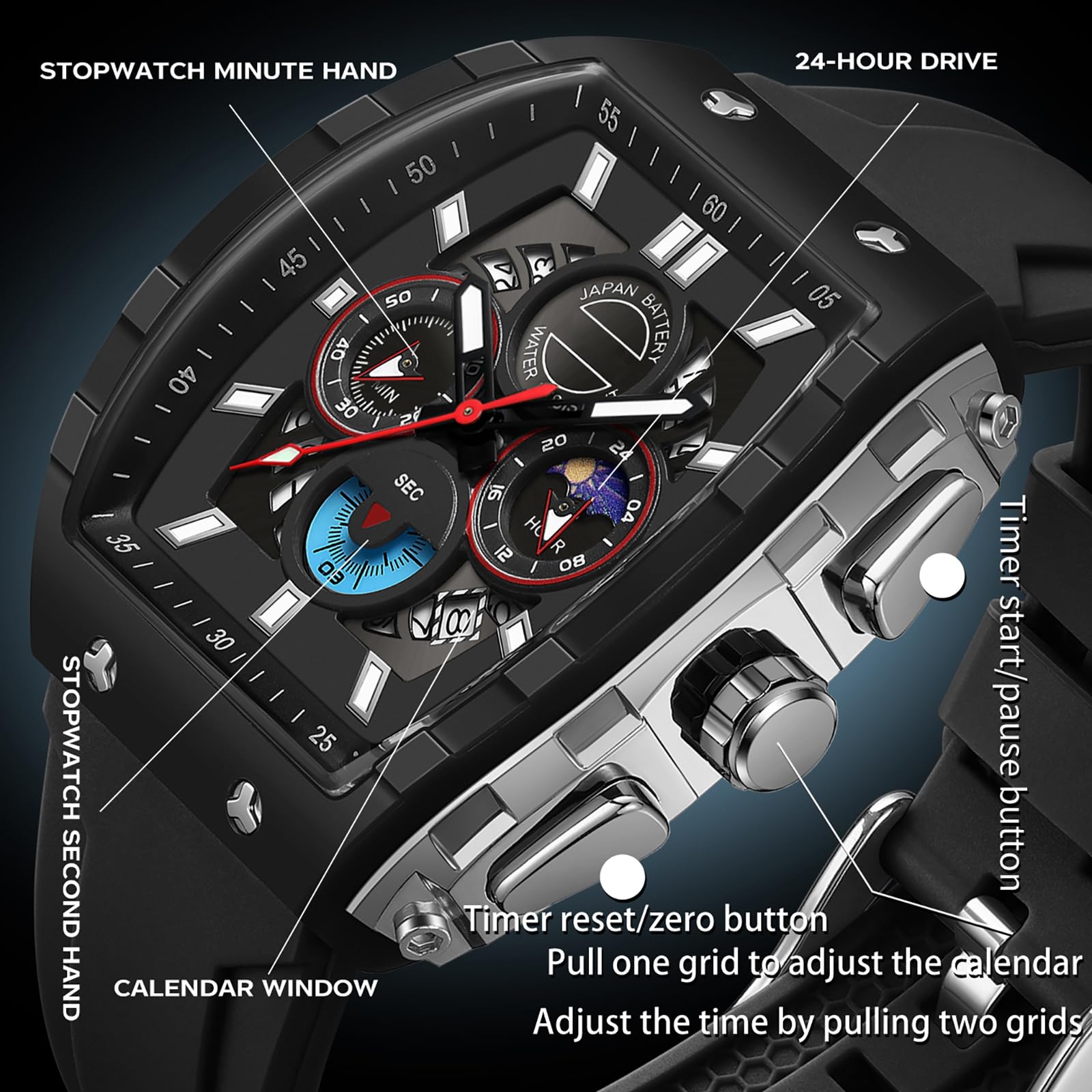 findtime Grande Écran Montre Rectangulaire Homme Militaire Tactique de Sport Analogique à Quartz Grand Cadran 5ATM, Alarme Rétroéclairage Montre Étanche Bracelet Respirant et Confortable