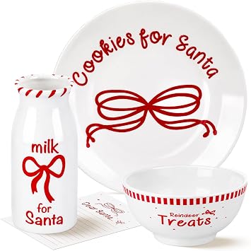 Nitial 4 Pcs Christmas Cookies Plate Milk Jar Bowl for Santa, Bow