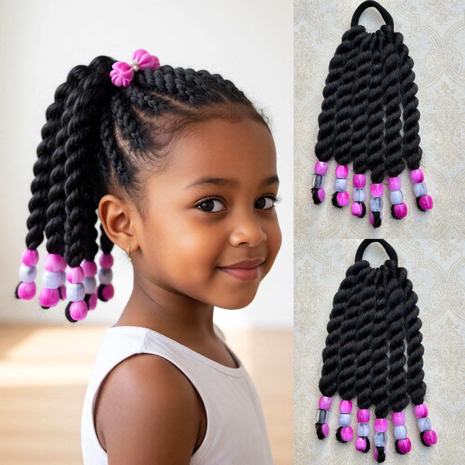 Photo 1 of 2 Pieces Kids Ponytail With Beads 6inch Two-Strand Twists Braided Ponytails for Kids Braids with Beads Protective Braided Hairstyles for Black Girls(Rose Red Beads)
