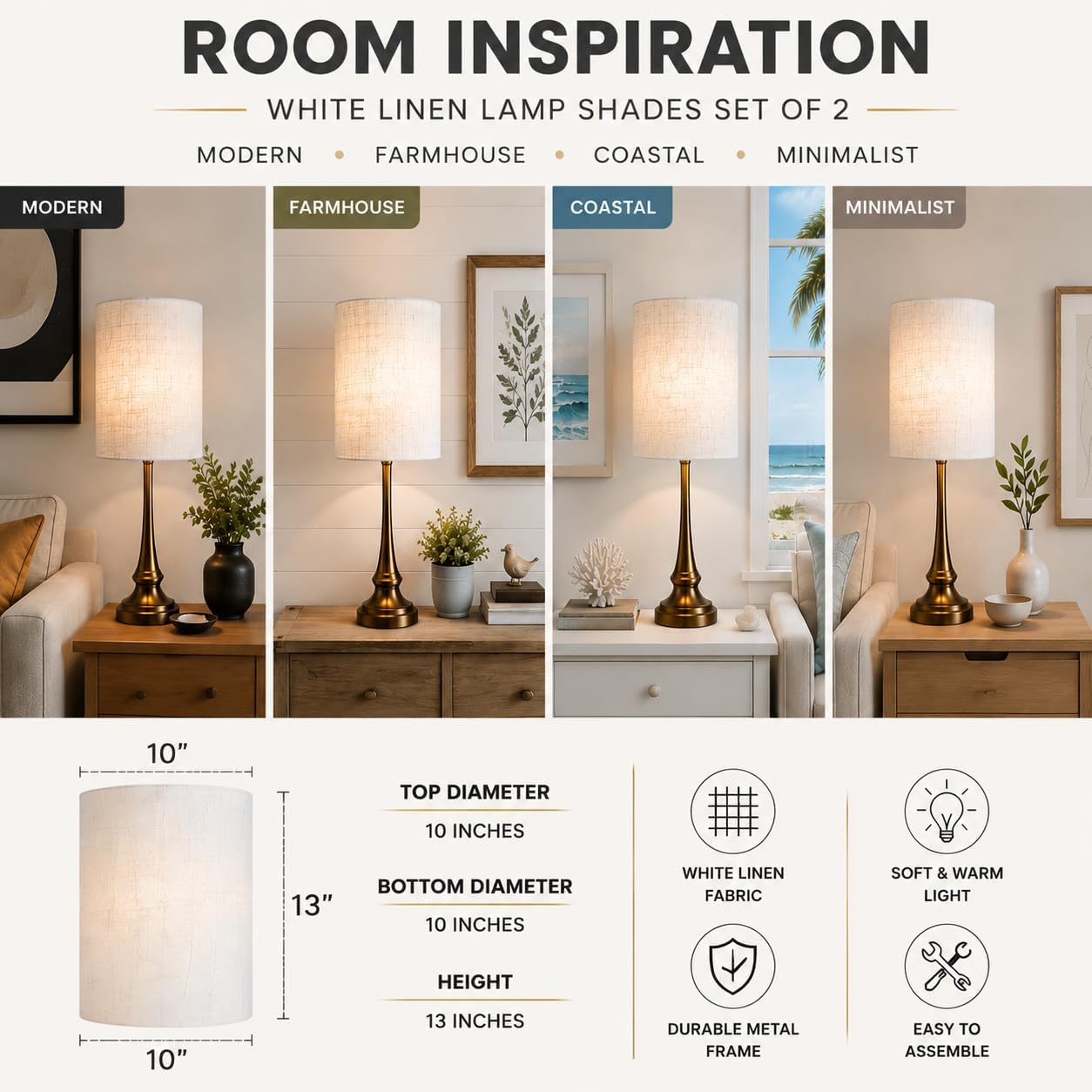 Tall Drum Lamp Shade for Table Lamps–10"Top x 10"Bottom x 13"High,Beige Lampshades for floor and desk lamps, Replacement Lampshades Natural Linen Handcrafted, Easy Assembly