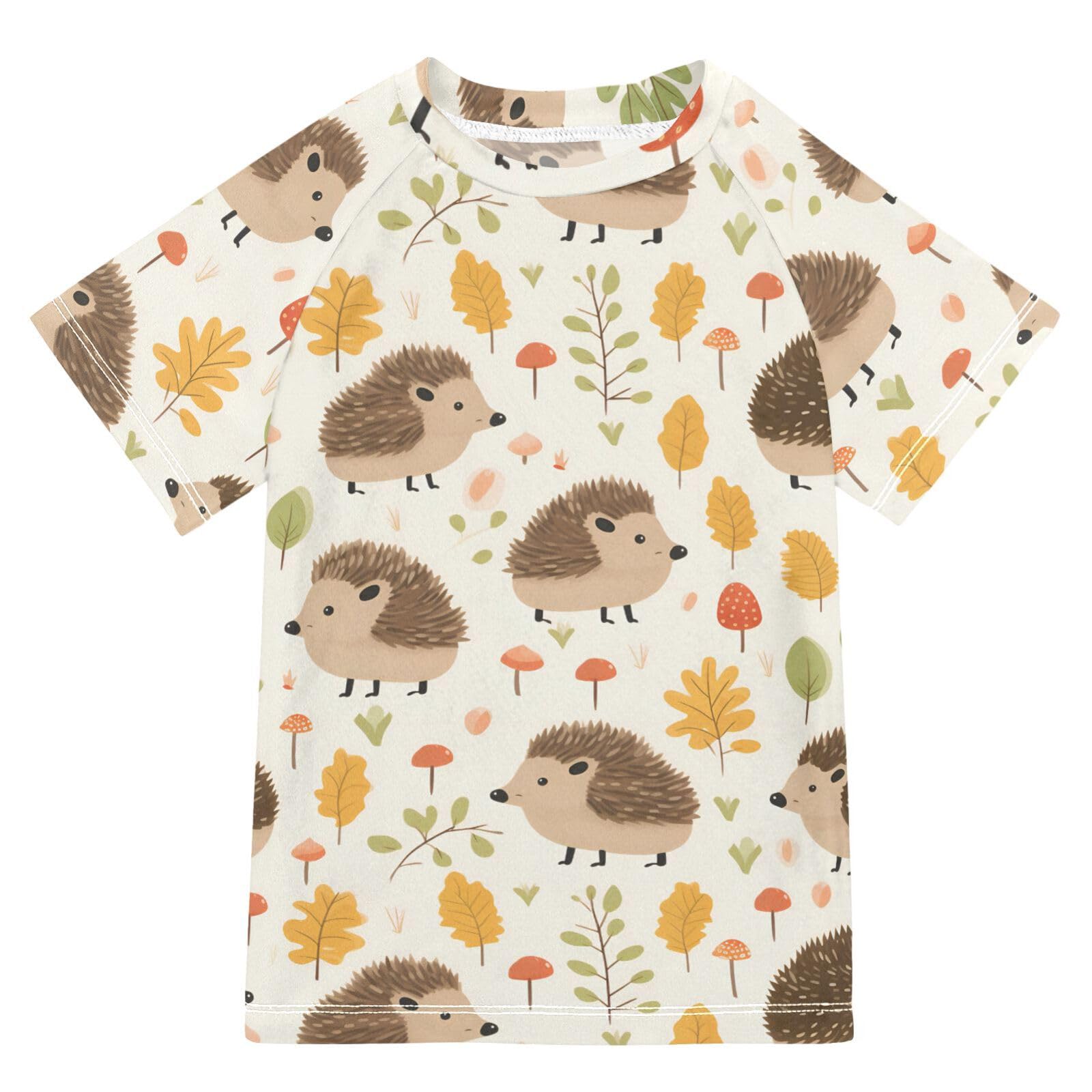 ALAZA Kids Rash Guard Boys Toddler Swim Shirts Short Sleeve Hedgehog Leaf UPF 50+ 3T