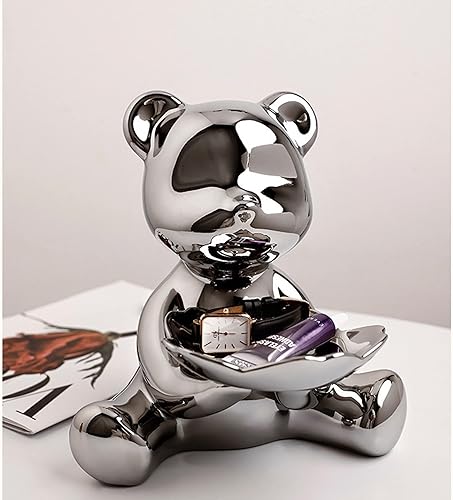 Miniatura 2 de Linxia Escultura de oso de cerámica con bandeja, decoración de oso blanco leche, bandeja de almacenamiento decorativa para llaves, hogar, oficina,