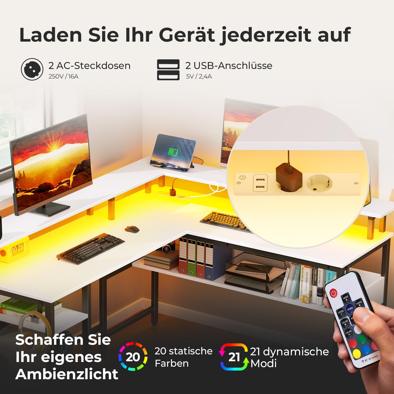 Rolanstar Gaming Schreibtisch L Form mit LED & Steckdosen, Gaming Tisch mit Monitorständer & Ablagefläche, Eckschreibtisch mit 2 Haken, Reversibler Computertisch Groß für Büro(weiß, 137 x 108cm)