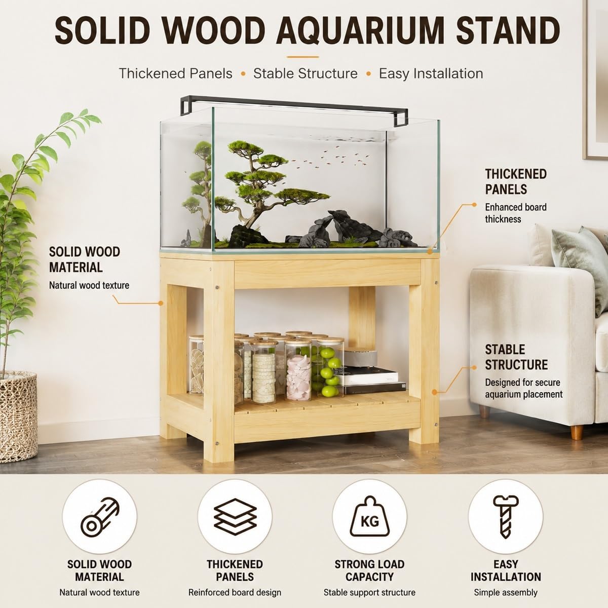 Supporto per acquario, in legno massiccio a doppio strato, forte