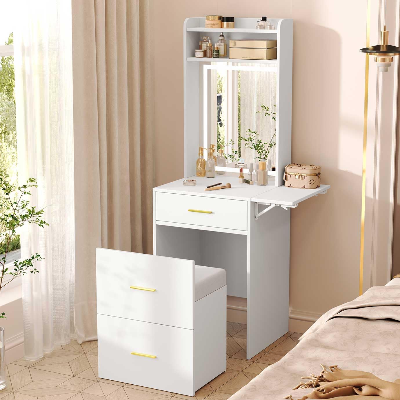 Small Vanity Desk with 3 Adjustable Lighted Mirror and Charger Station, Compact White Set Storage Chair Fold-up Panel, Mini Bedroom Dressing Table for Tiny Space