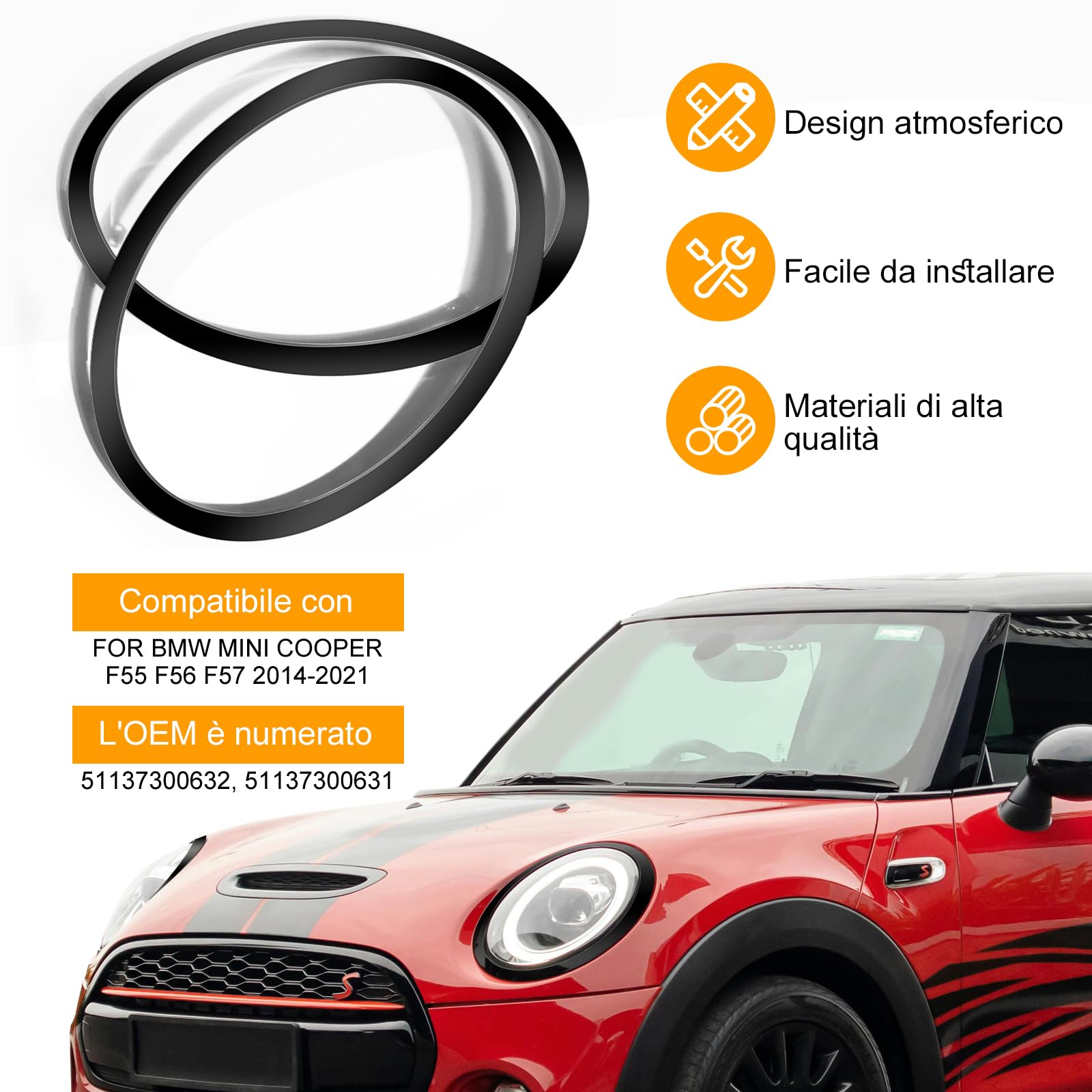 1 Coppia Cornici Fari, Fari Anello di Trim Cornice, Anello Fanale Compatibile con MINI COOPER F55 F56 F57 2014–2021, OEM 51137300631, 51137300632 (Nero)