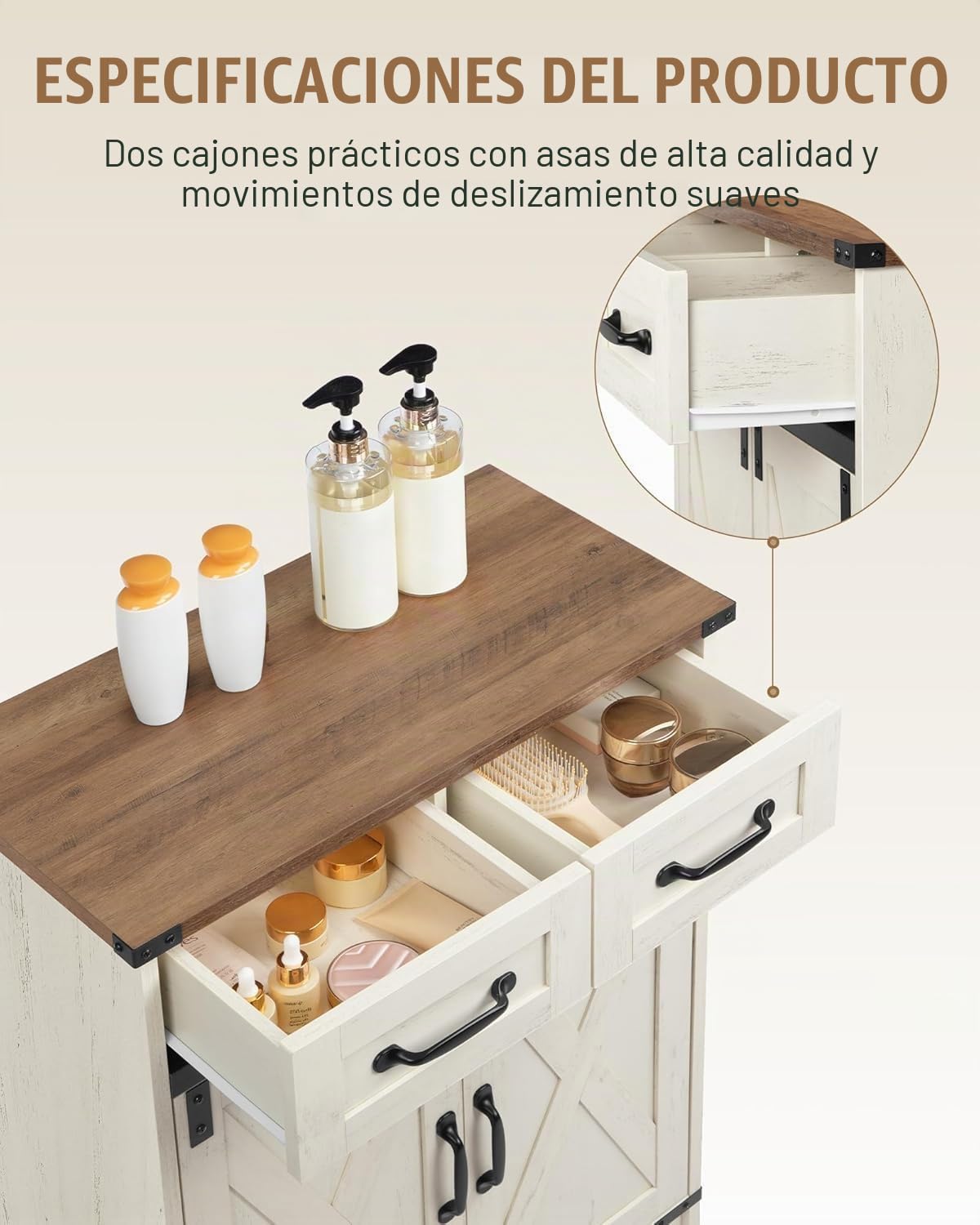 Hzuaneri Mueble Baño, Auxiliar Armario Baño con 2 Cajones, 2 Puerto, Estante Ajustable, para Sala de Estar, Cocina, Entrada, Blanco Rústico y Marrón Miel SC62414X