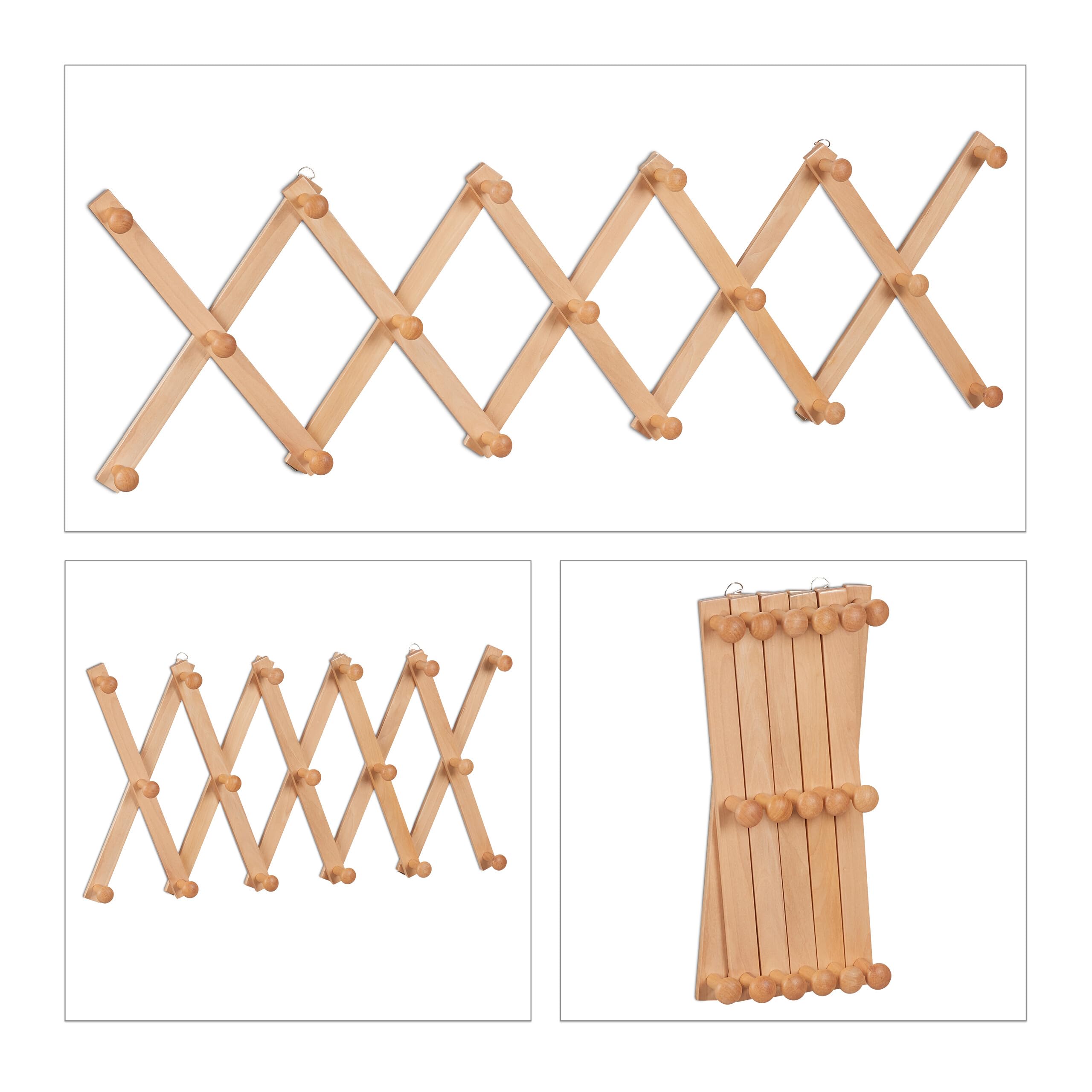 Relaxdays Attaccapanni da Parete, Appendiabiti Allungabile con 17 Ganci, Guardaroba Appendino Ingresso, Legno, Naturale