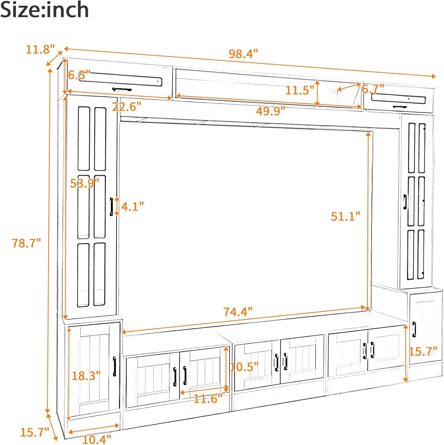 98.4" Wall Unit Entertainment Center for TVs up to 80 Inches, Modern TV Stand Media Console with Bookshelves, Tempered Glass Doors and Storage Cabinets for Living Room
