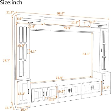98.4 W Wall Unit Entertainment Center with Bookshelves for TVs up to 80,TV Stand Media Console with Cabinets,Tempered Glass Doors and Adjustable Shelves (White/B)