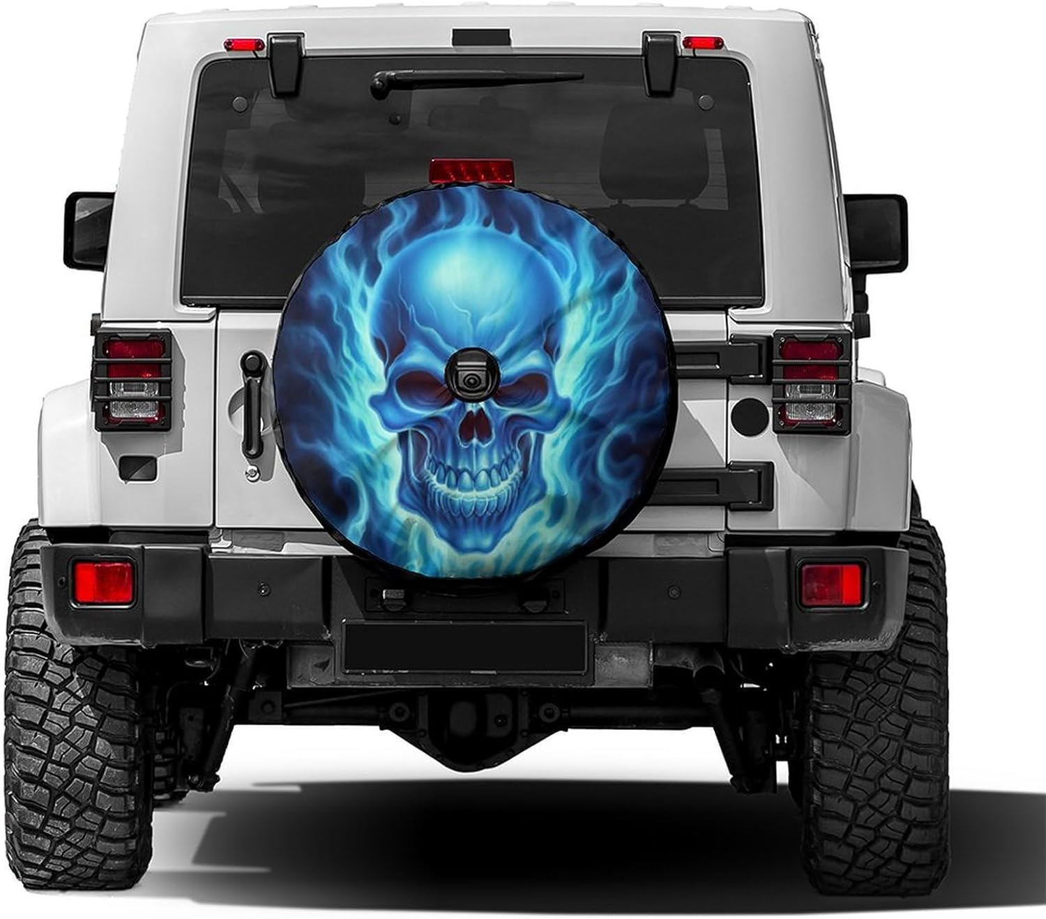 Delerain Spare Tire Cover with Backup Camera Hole Skull Blue Fire Wheel Covers Waterproof Dust-Proof UV Sun Universal Fit for RV Trailer RV SUV Truck (18 Inch for Diameter 32"-34")