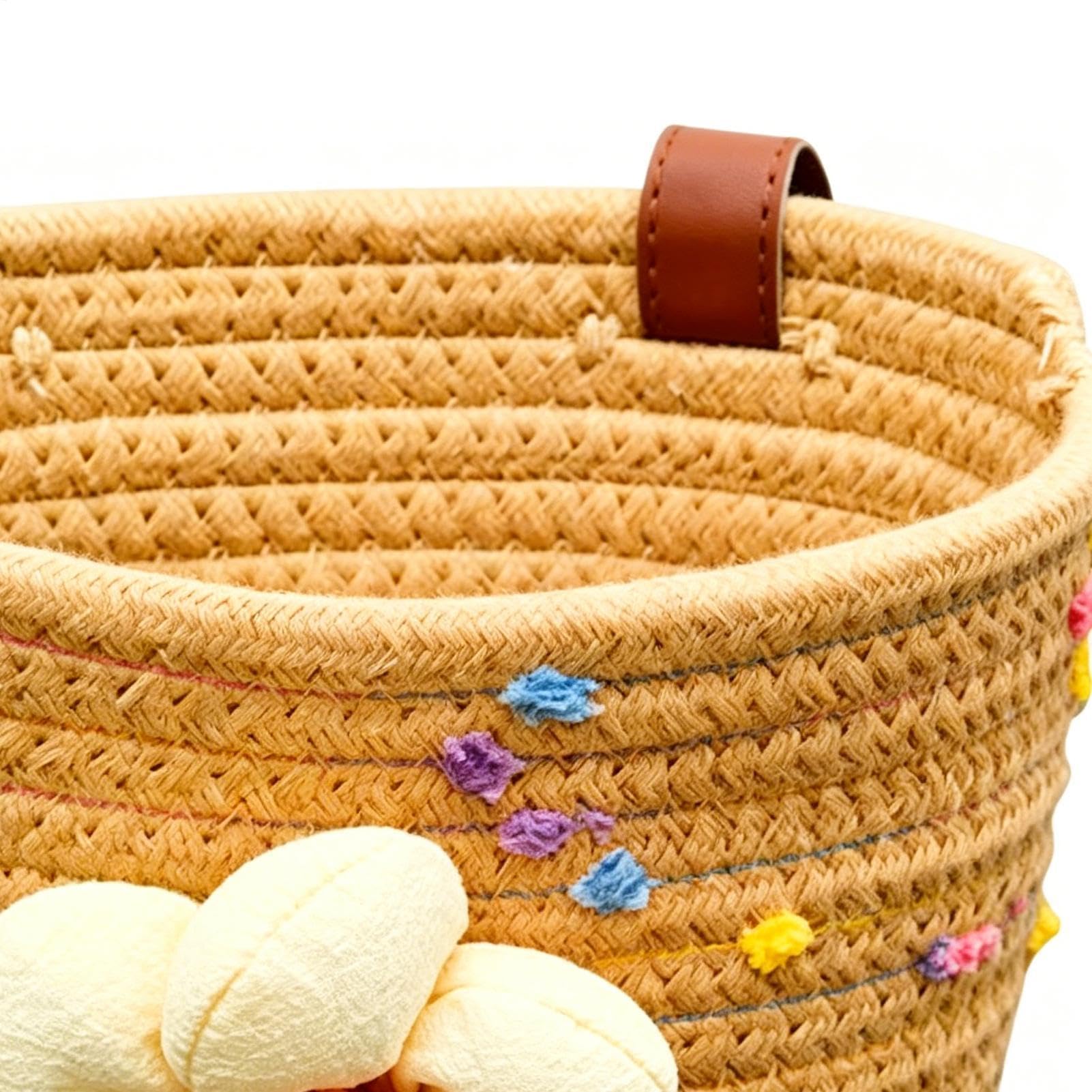 Kids Bicycle Basket - Hand Woven Cotton Rope Plush Flower, Kids Small Bicycle Basket for Scooters, Tricycles, Balance Bikes, Beverages Keys Small Toys Storage Front Handle Use